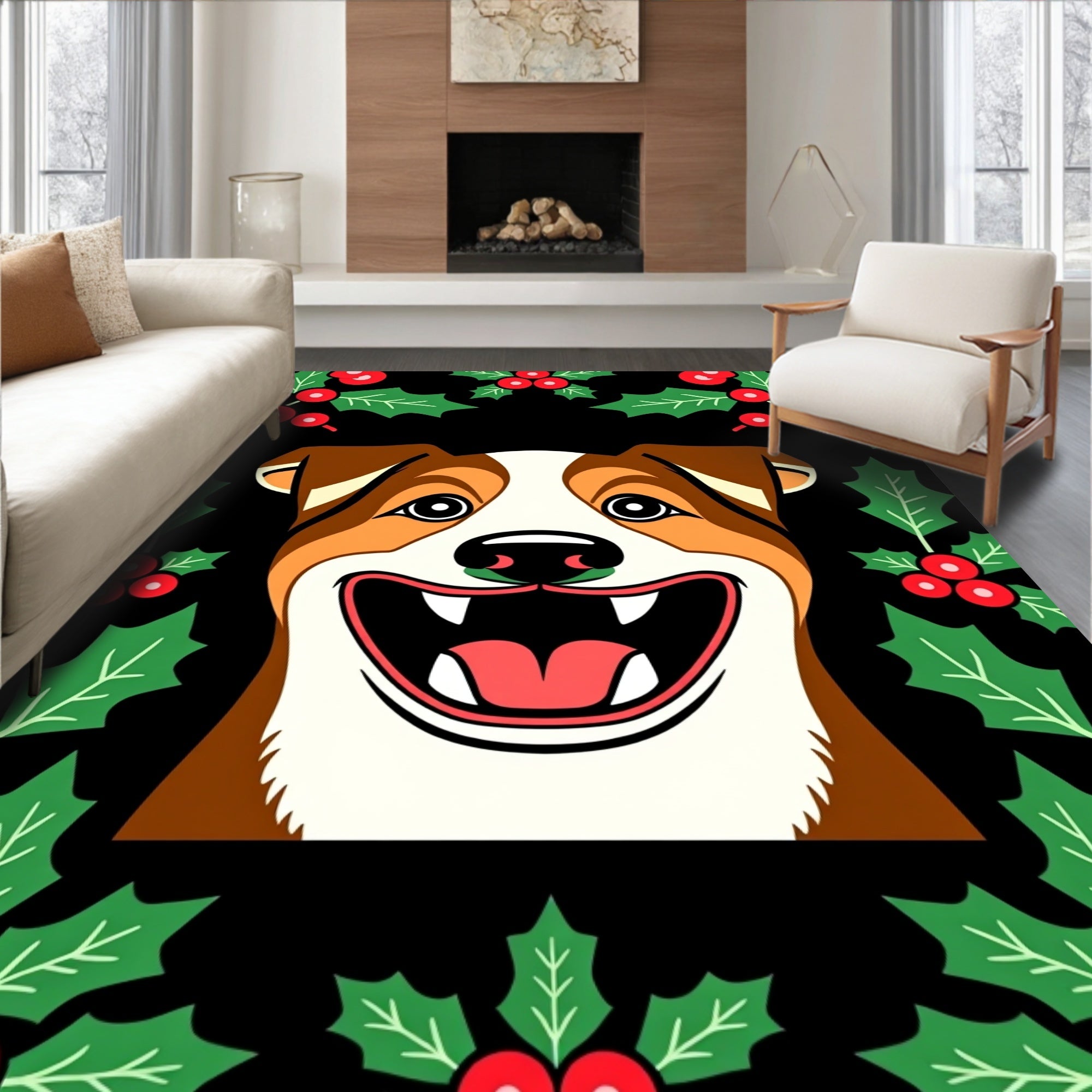 Happy Holiday Dog With Holly Border Rug