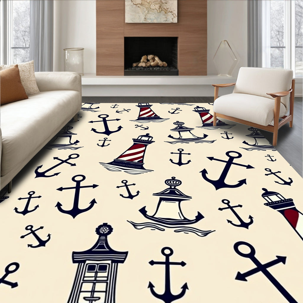 Nautical Lighthouses Anchors Cream Rug