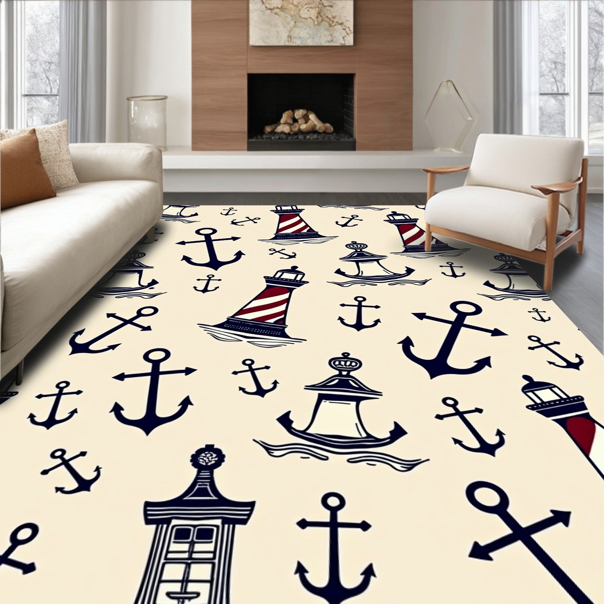 Nautical Lighthouses Anchors Cream Rug