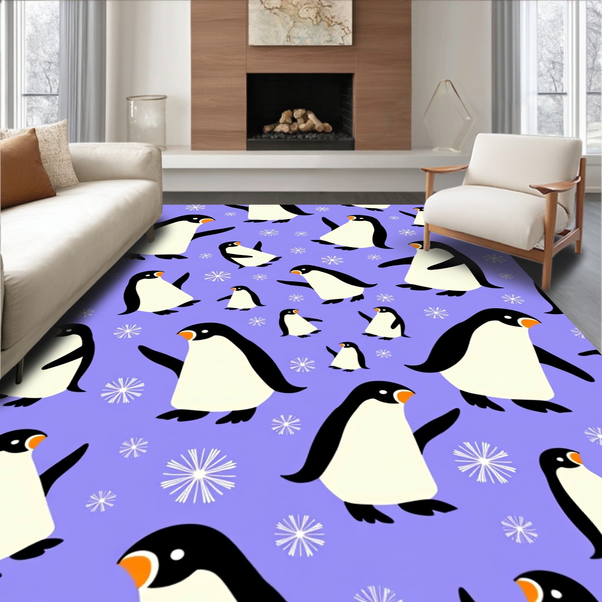 Charming Purple Penguin Snowflakes Repeat Rug