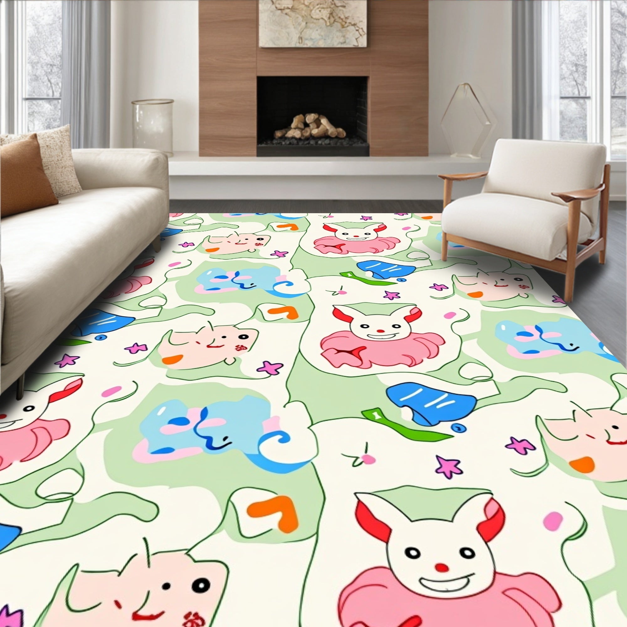 Whimsical Pink Bunny Cream Swirl Rug