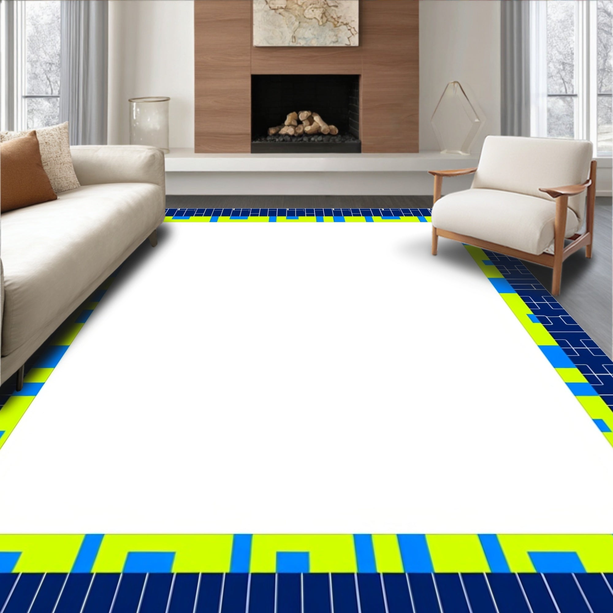 Navy Blue Geometric Blocks Border Rug