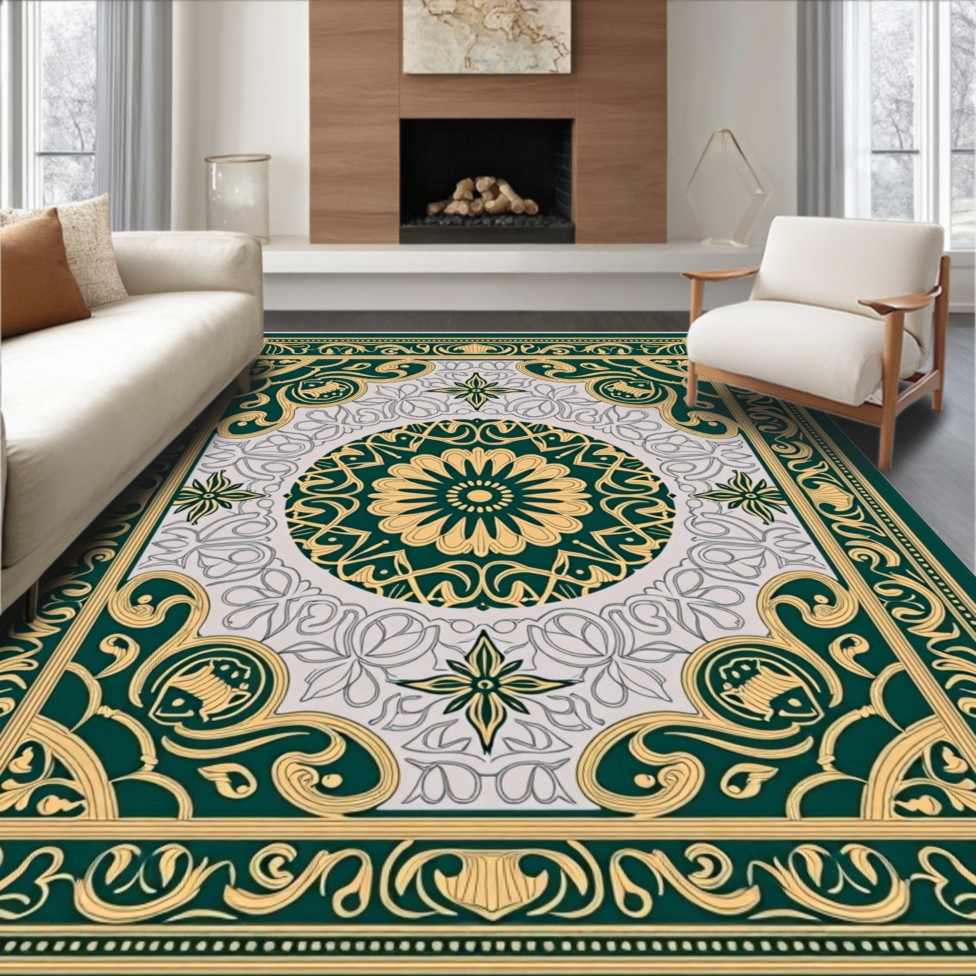 Emerald Gold Ornate Floral Medallion Rug