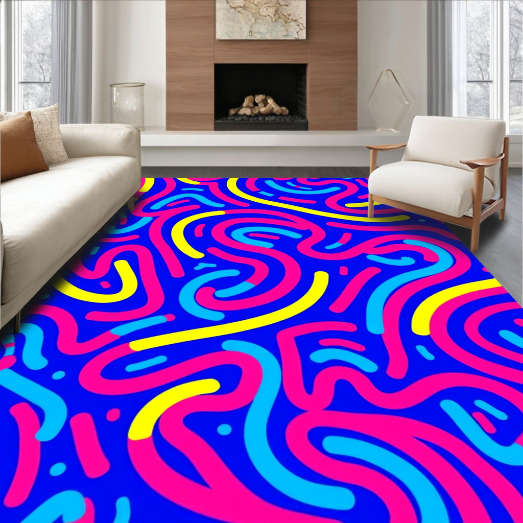 Vibrant Blue Pink Yellow Swirl Rug