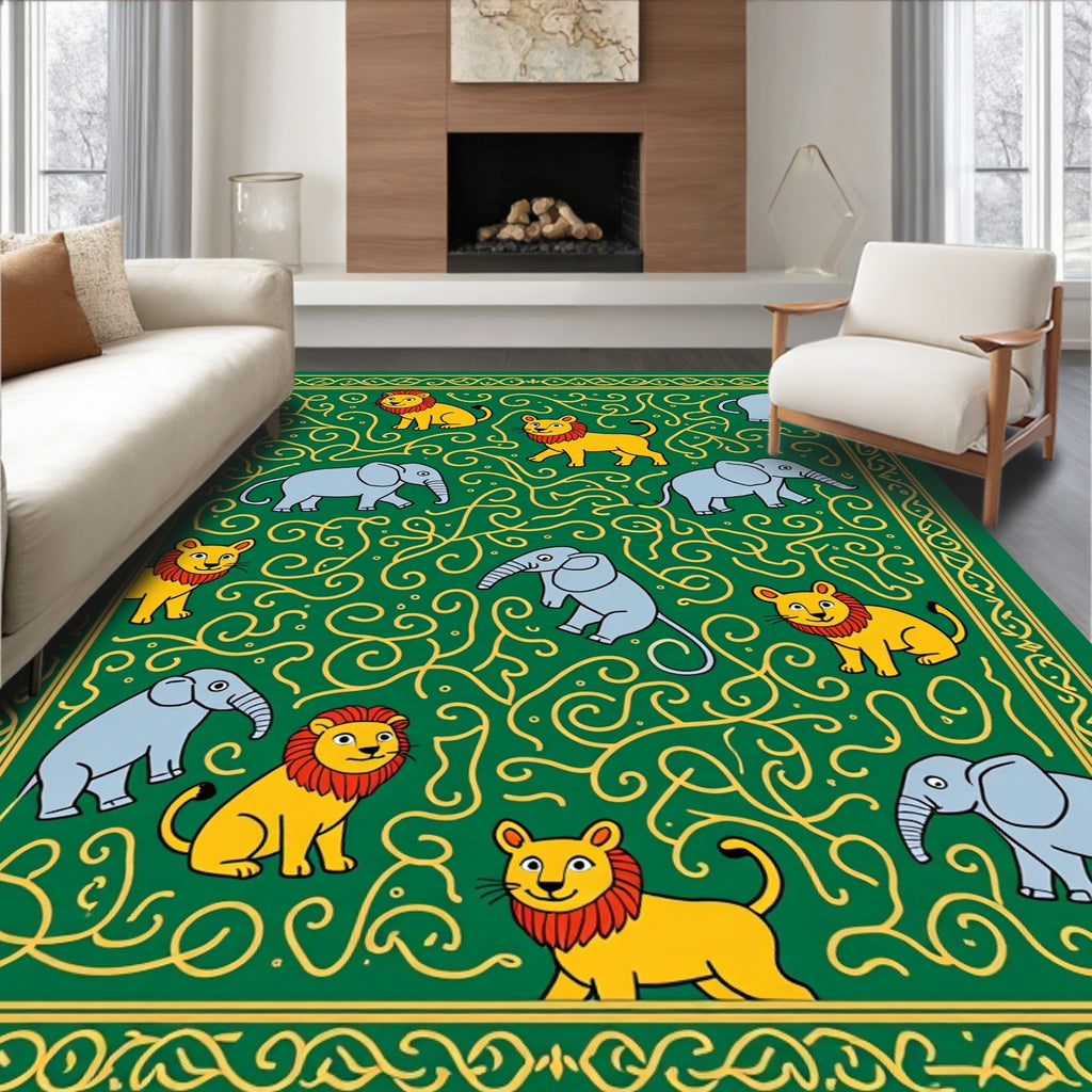 Emerald Green Lion Elephant Swirls Rug