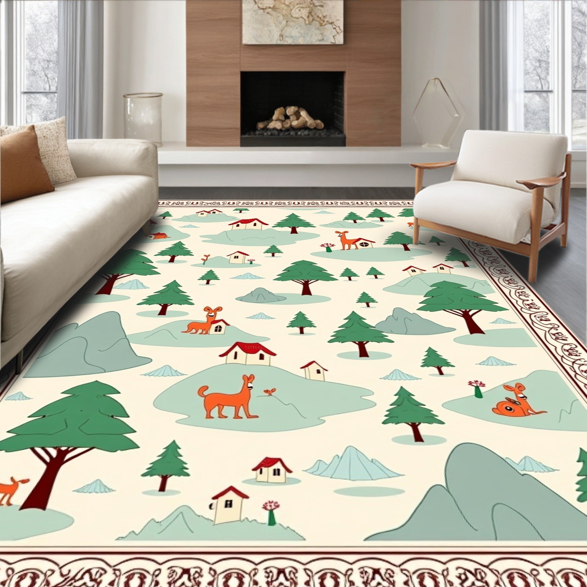 Whimsical Woodland Village Deer Scene Rug