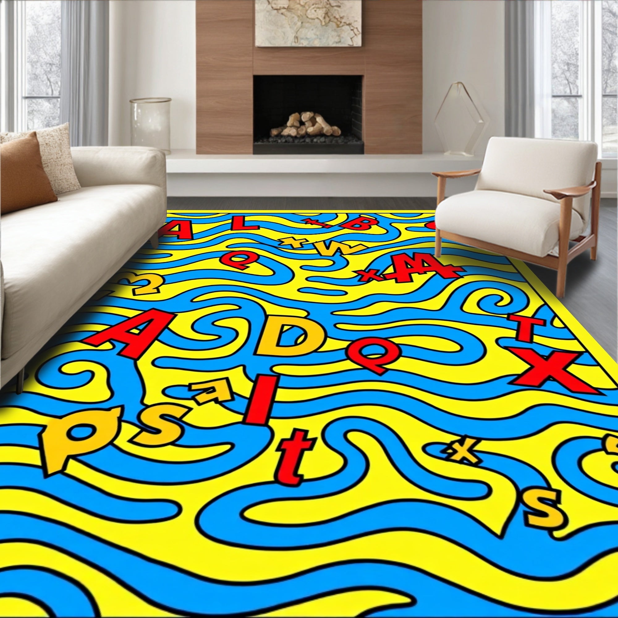 Vibrant Yellow Blue Alphabet Waves Rug