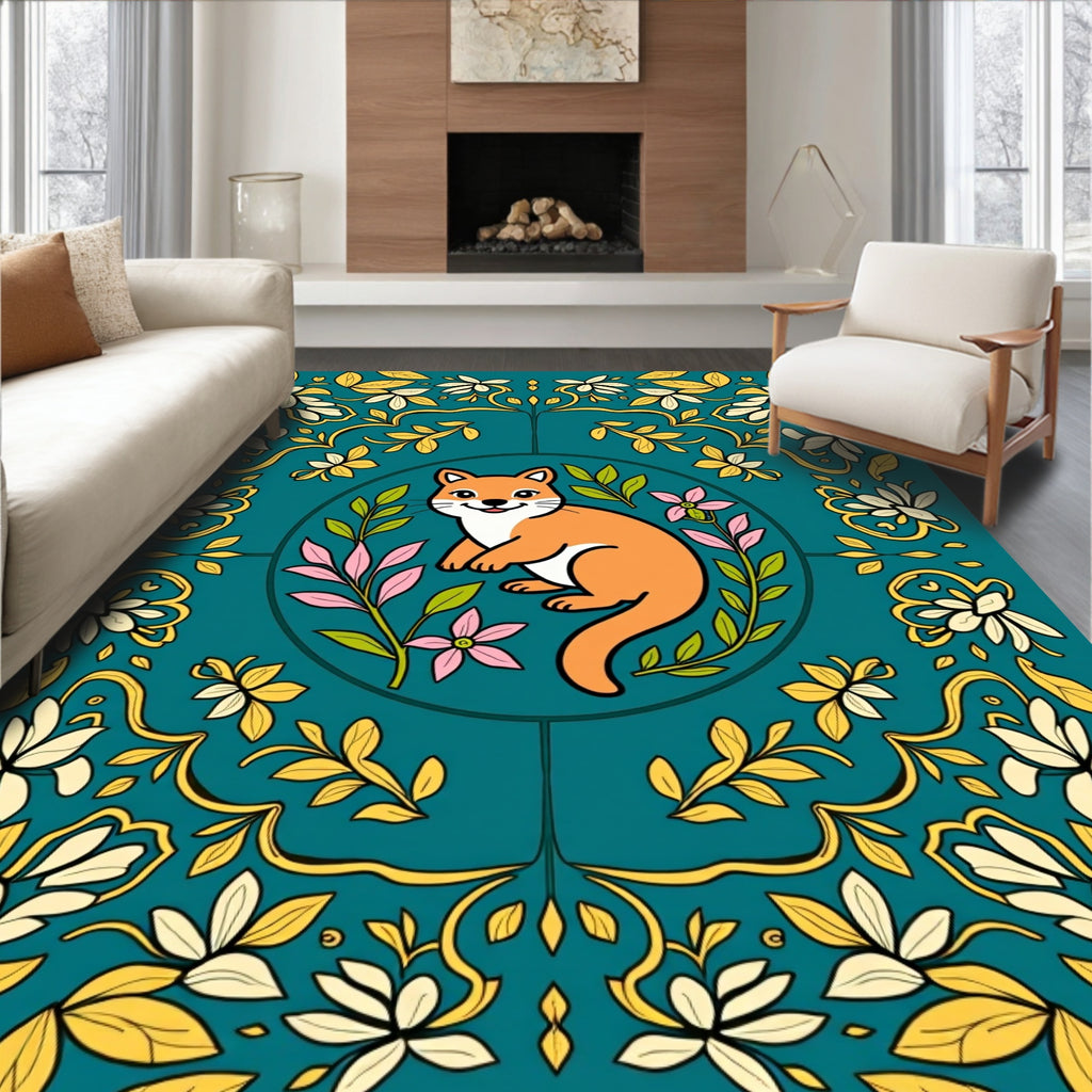 Whimsical Fox Floral Laurel Border Rug