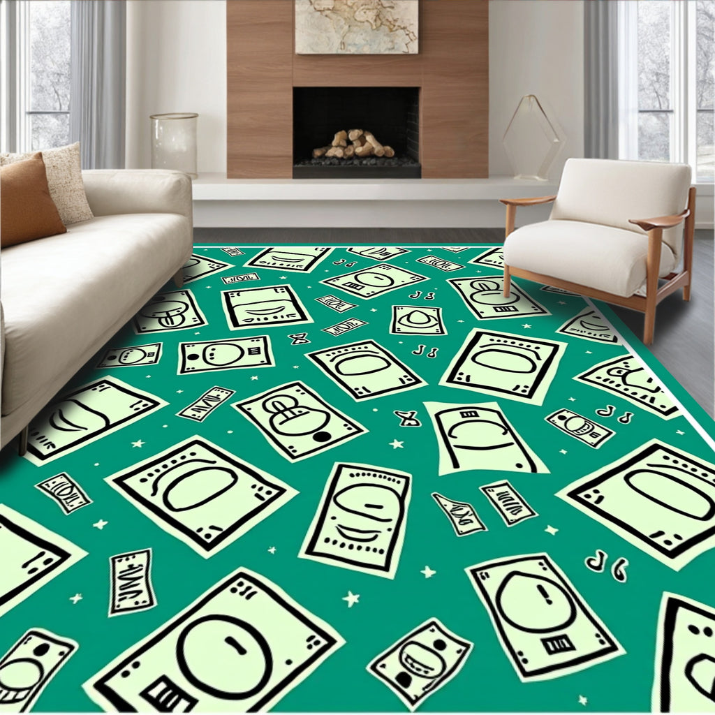 Emerald Green Cartoon Money Faces Rug