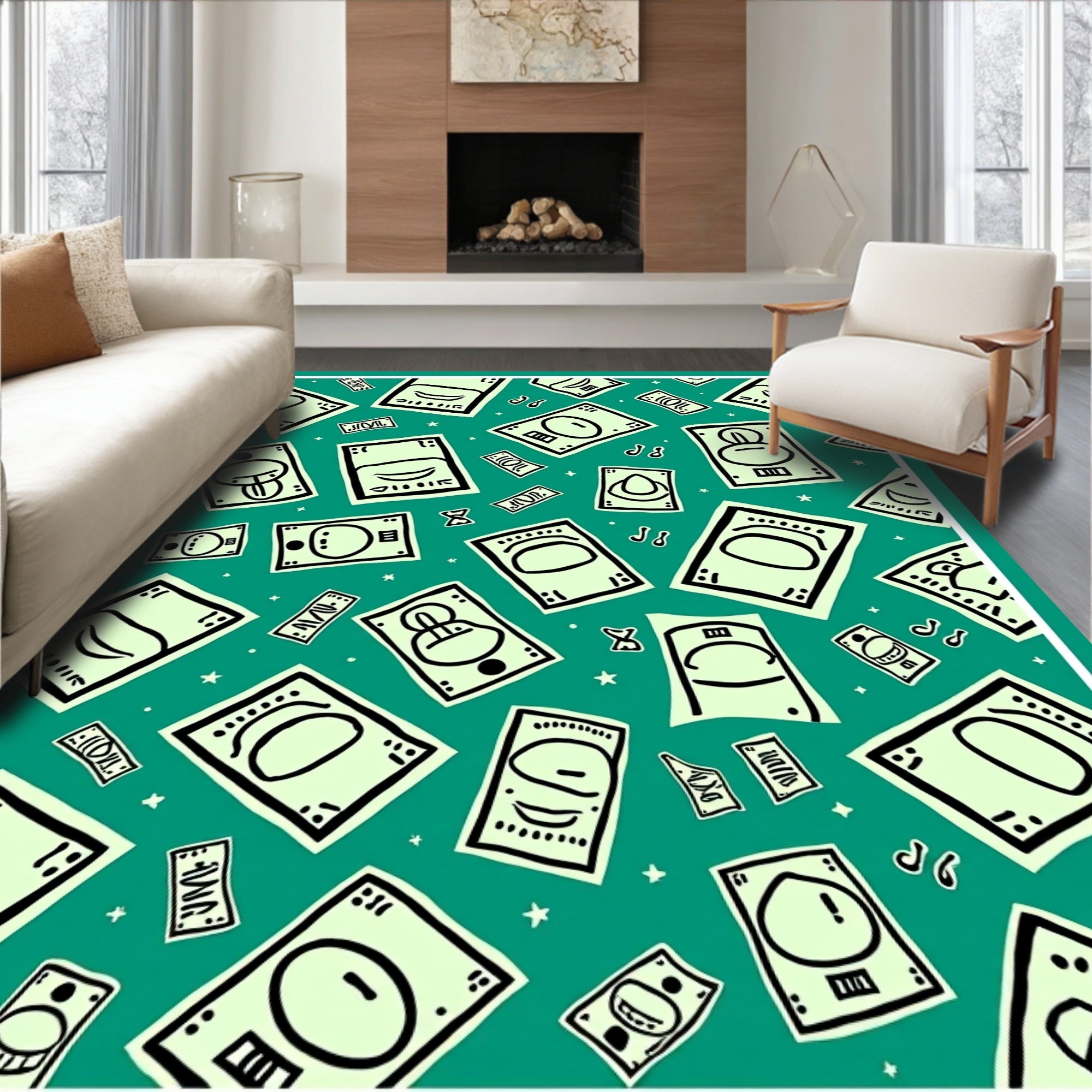 Emerald Green Cartoon Money Faces Rug