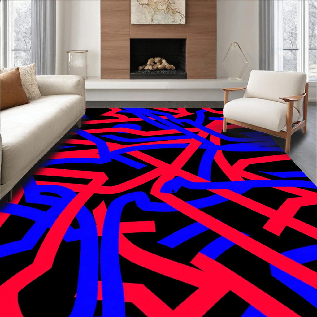 Vibrant Red Blue Abstract Lines Rug