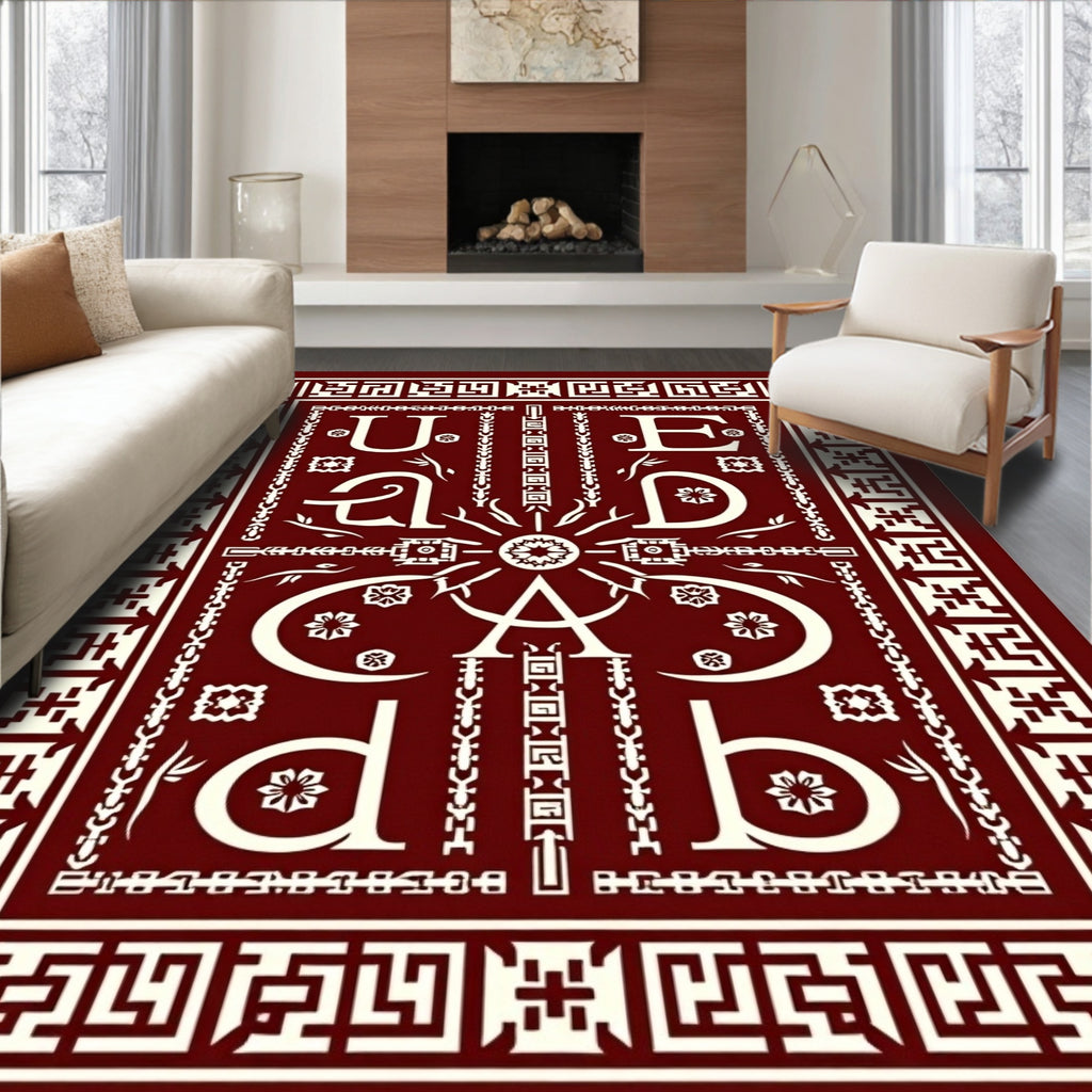 Rich Burgundy And Cream Calligraphic Rug