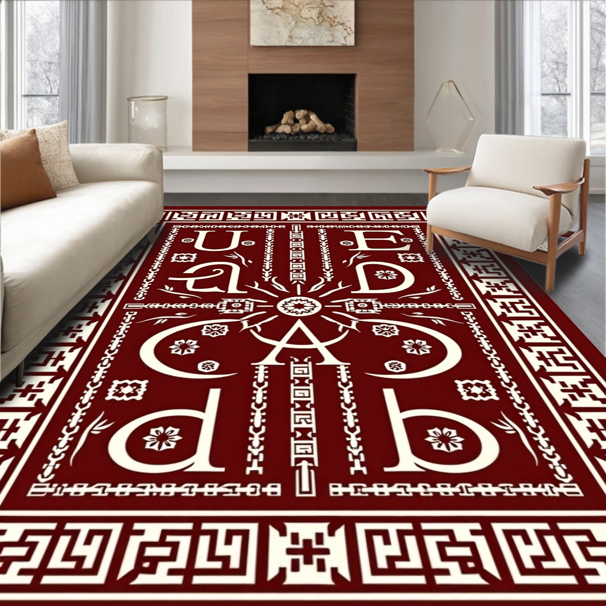 Rich Burgundy And Cream Calligraphic Rug