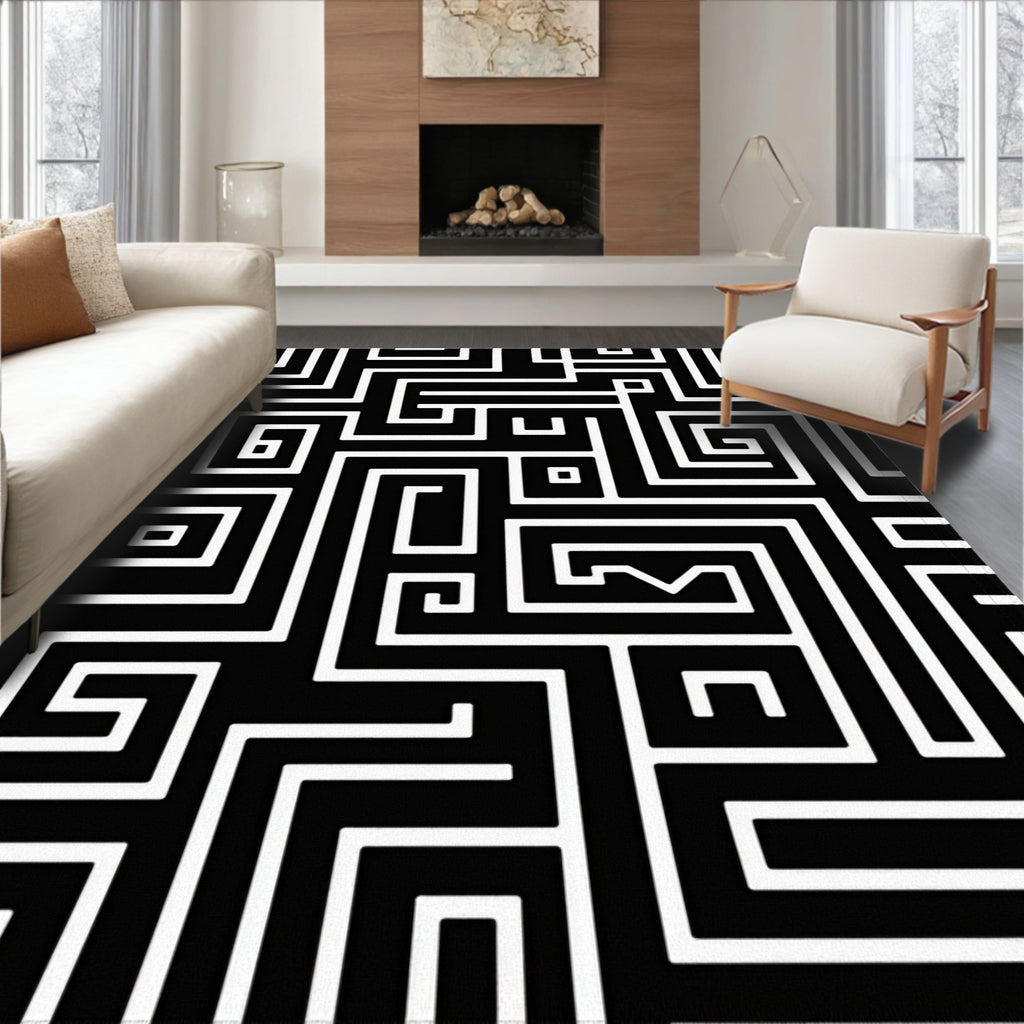 Monochromatic Black White Geometric Maze Rug