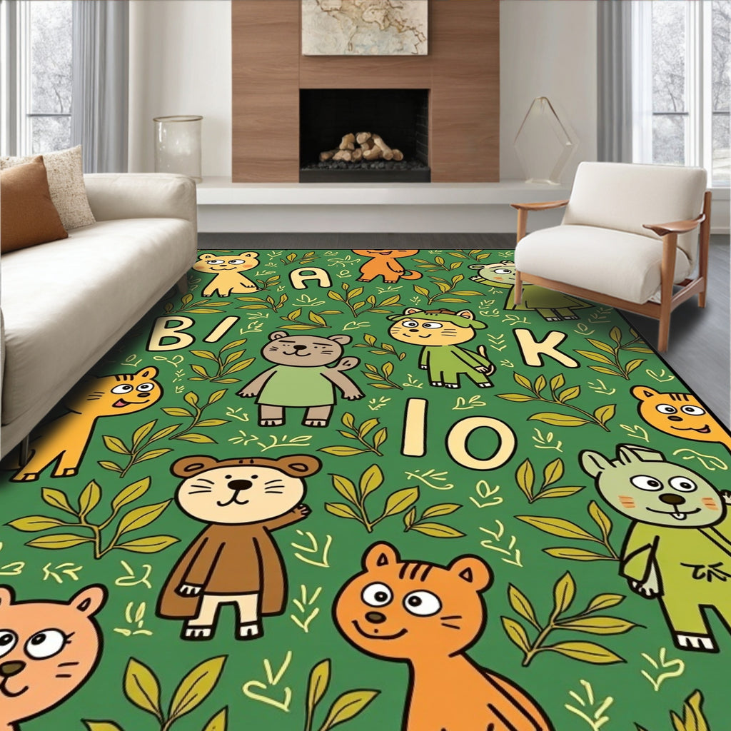 Whimsical Animal Alphabet Green Foliage Rug