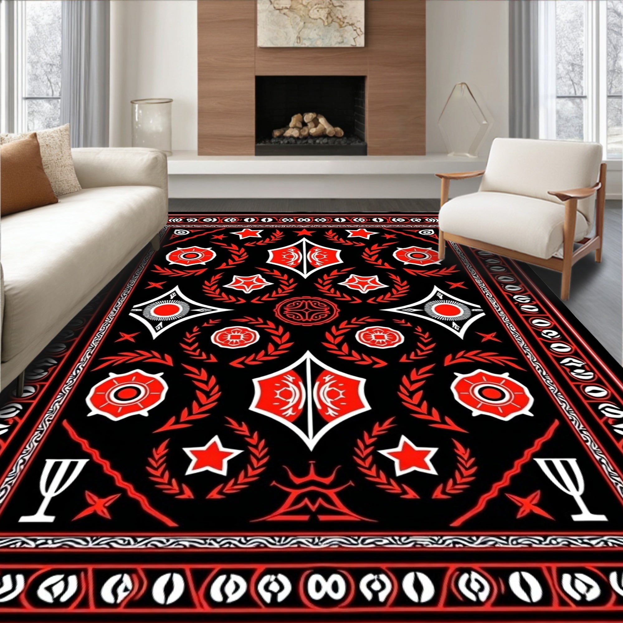 Modern Black Red Geometric Star Rug