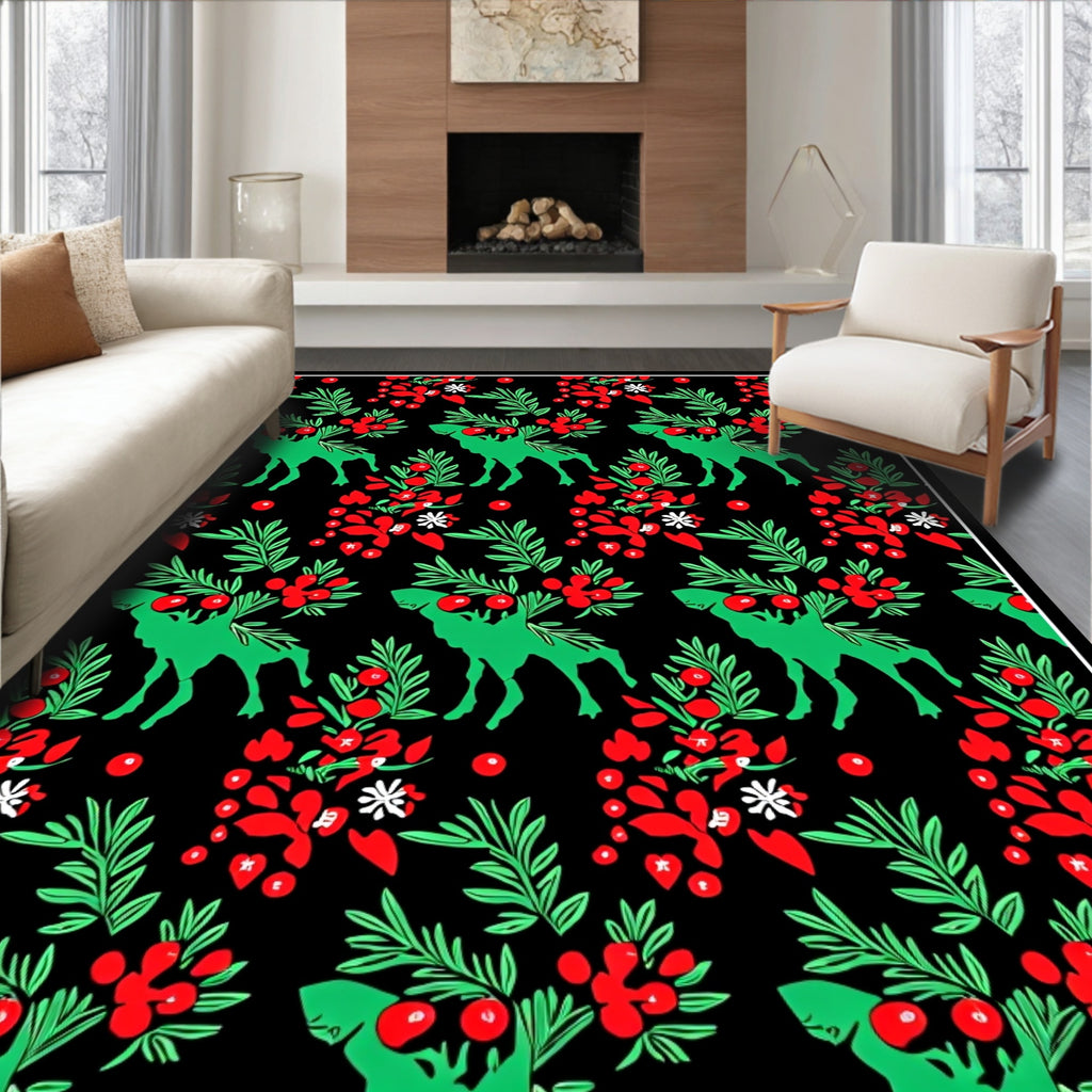 Green Reindeer Red Berry Christmas Rug
