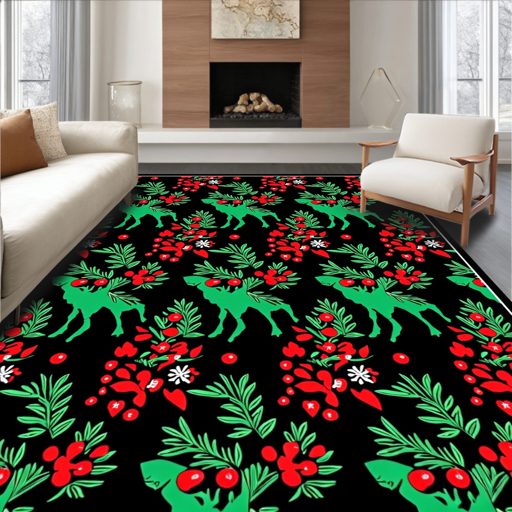 Green Reindeer Red Berry Christmas Rug