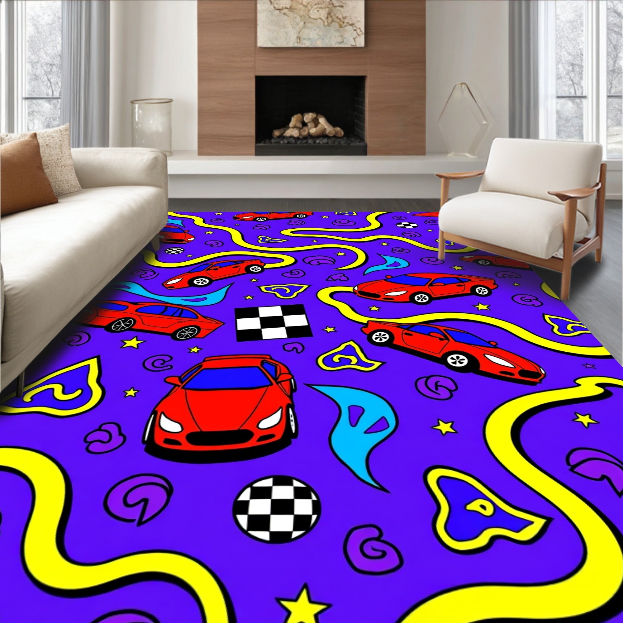 Red Sports Cars Yellow Winding Track Rug