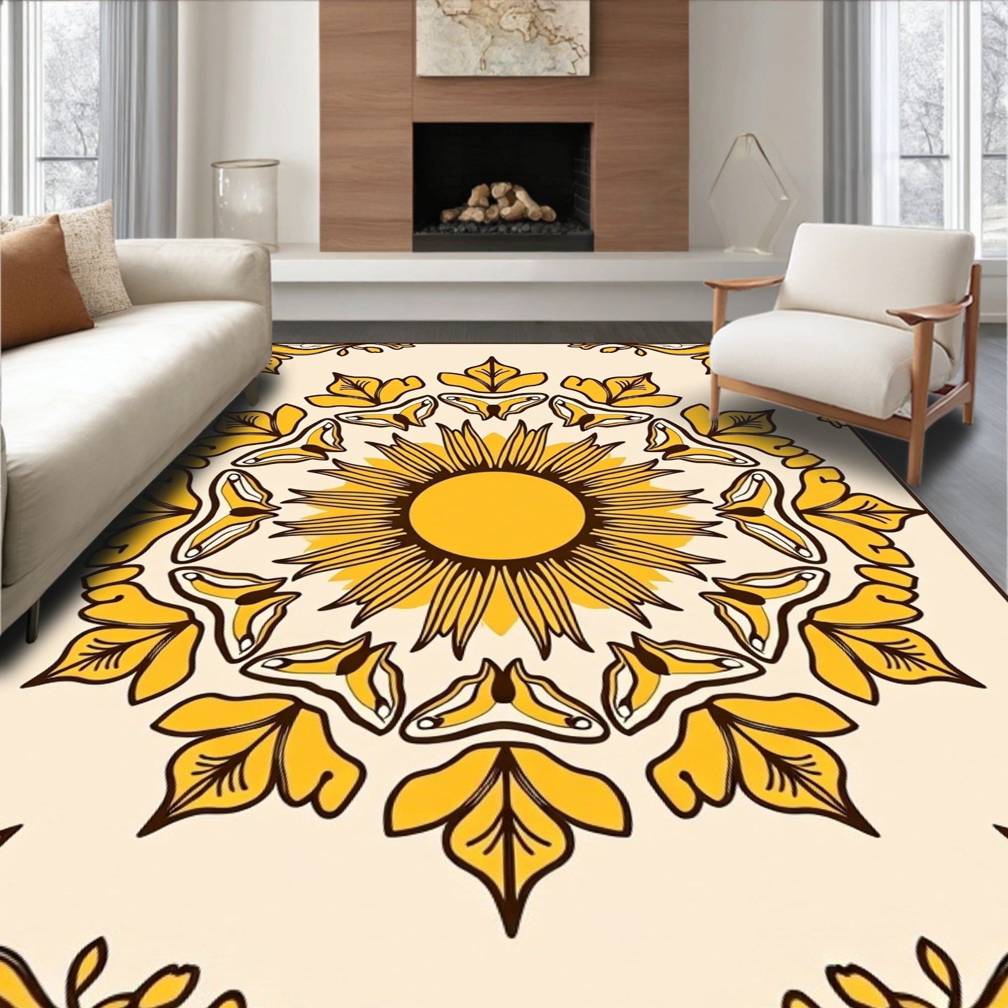 Golden Sunburst Floral Mandala Rug