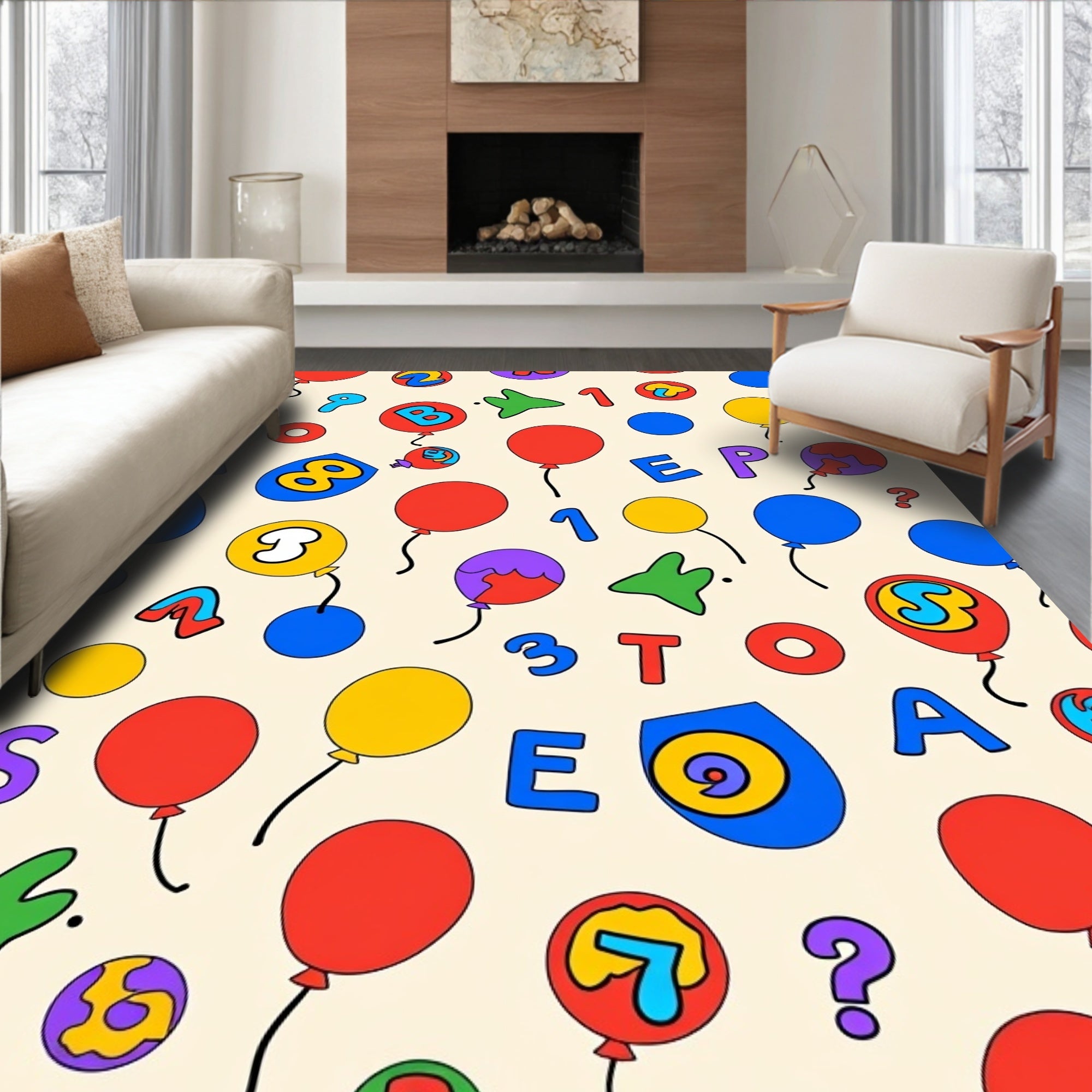 Bright primary balloons letters numbers Rug