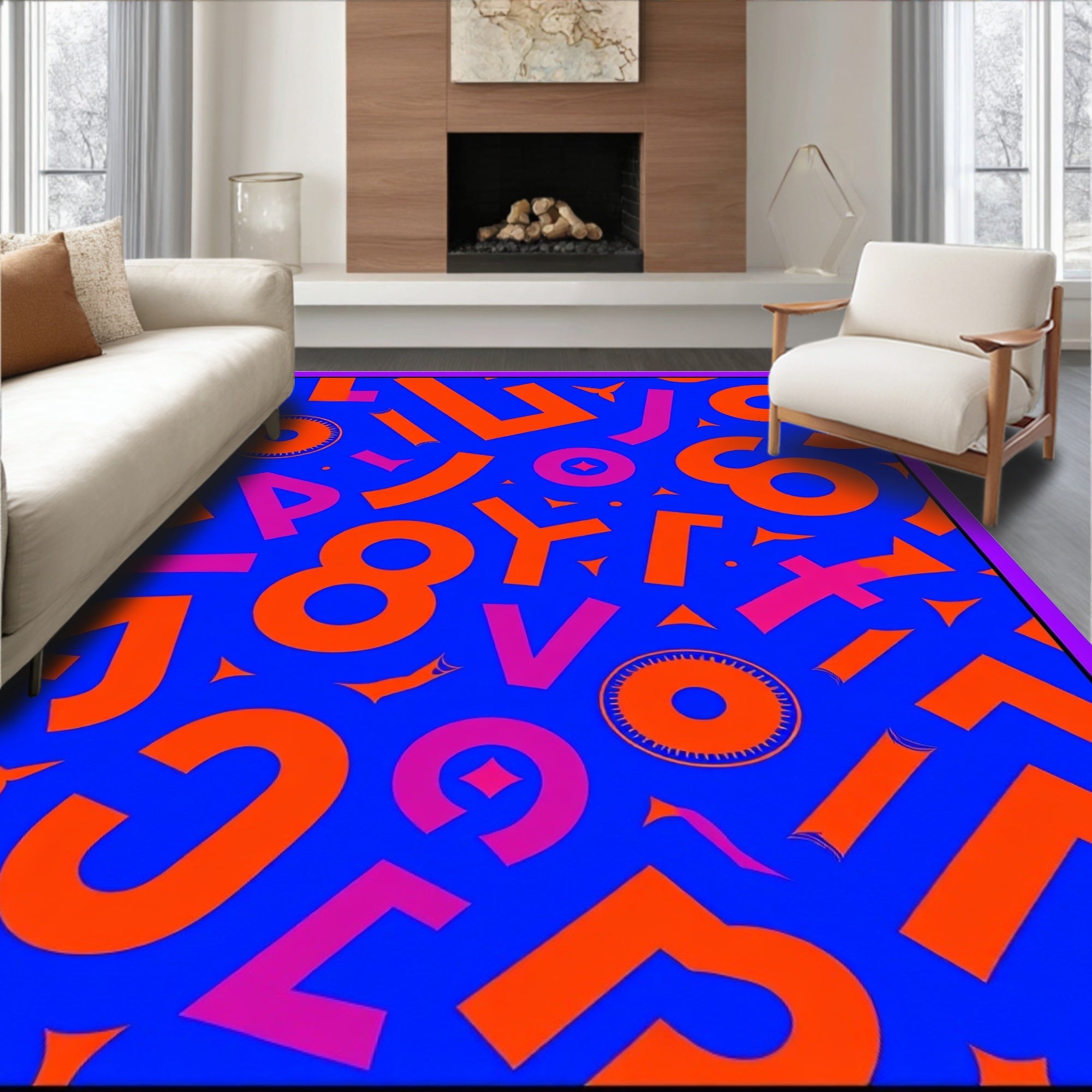 Bold Blue Orange Alphabet Collage Rug