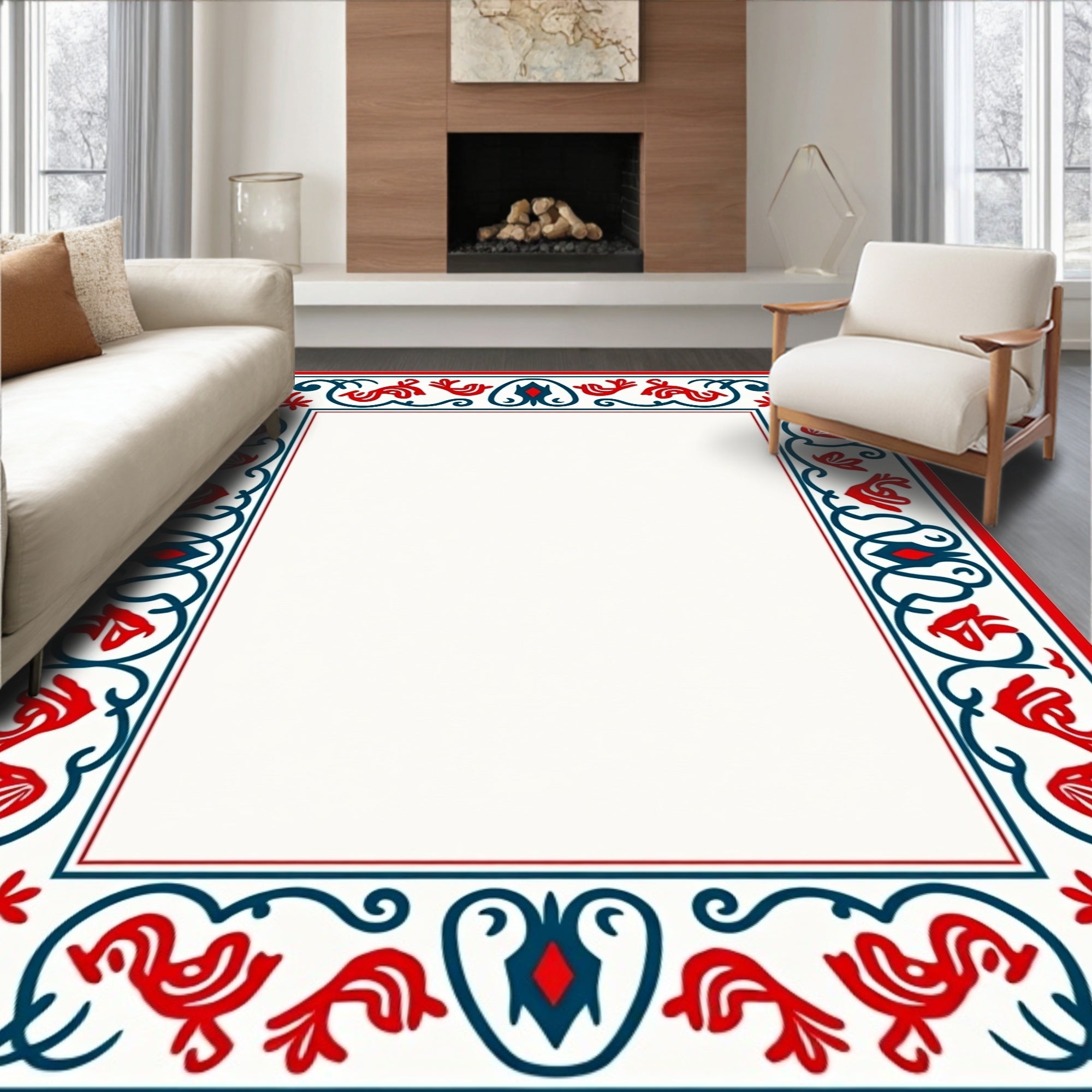 Red and Blue Folk Art Border Rug