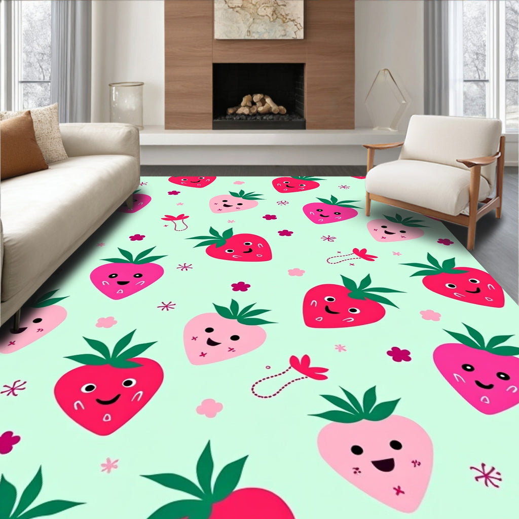 Kawaii Strawberry Garden Mint Rug