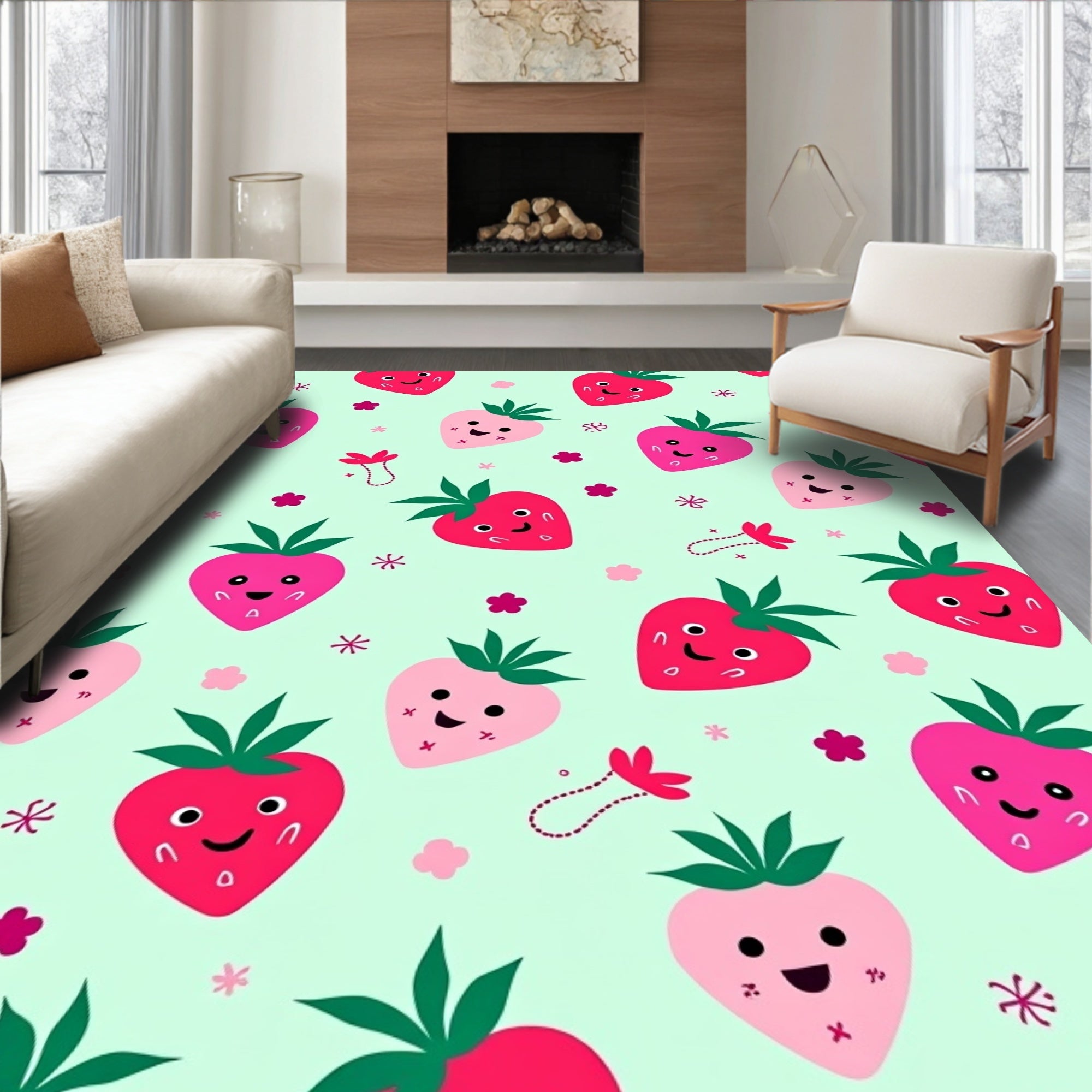 Kawaii Strawberry Garden Mint Rug