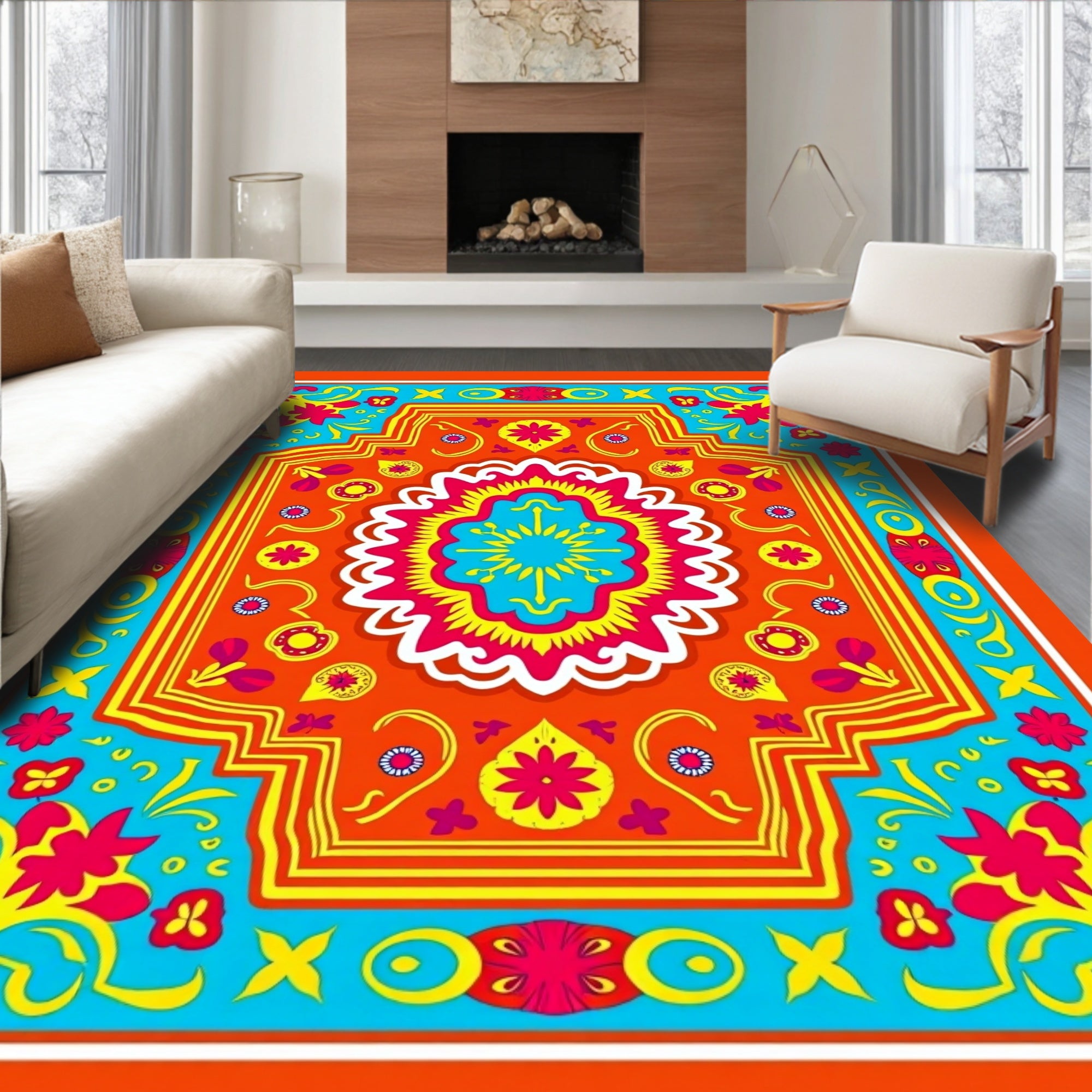 Vivid Orange Floral Medallion Burst Rug