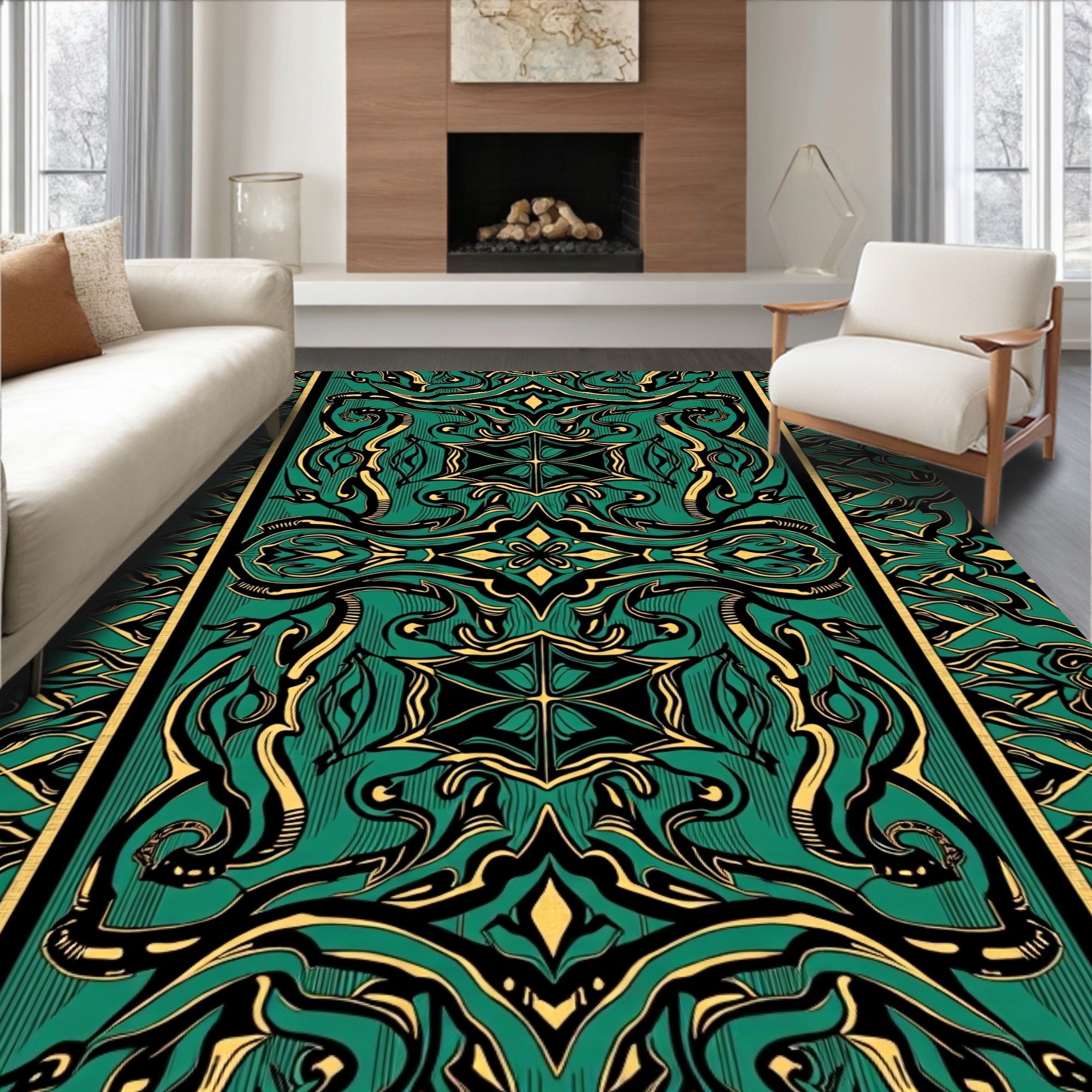 Emerald Gold Stylized Floral Symmetry Rug