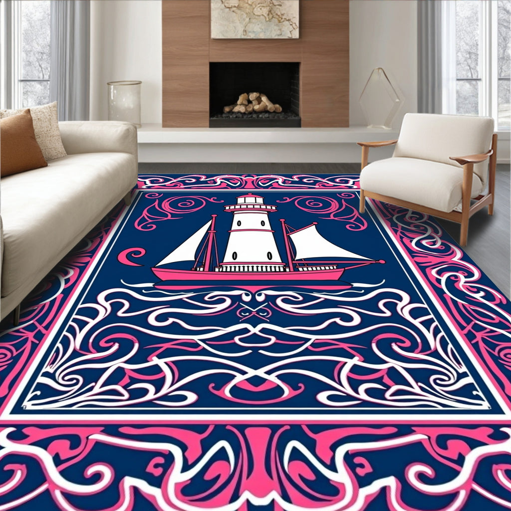 Nautical Lighthouse Ship on Ocean Waves Rug