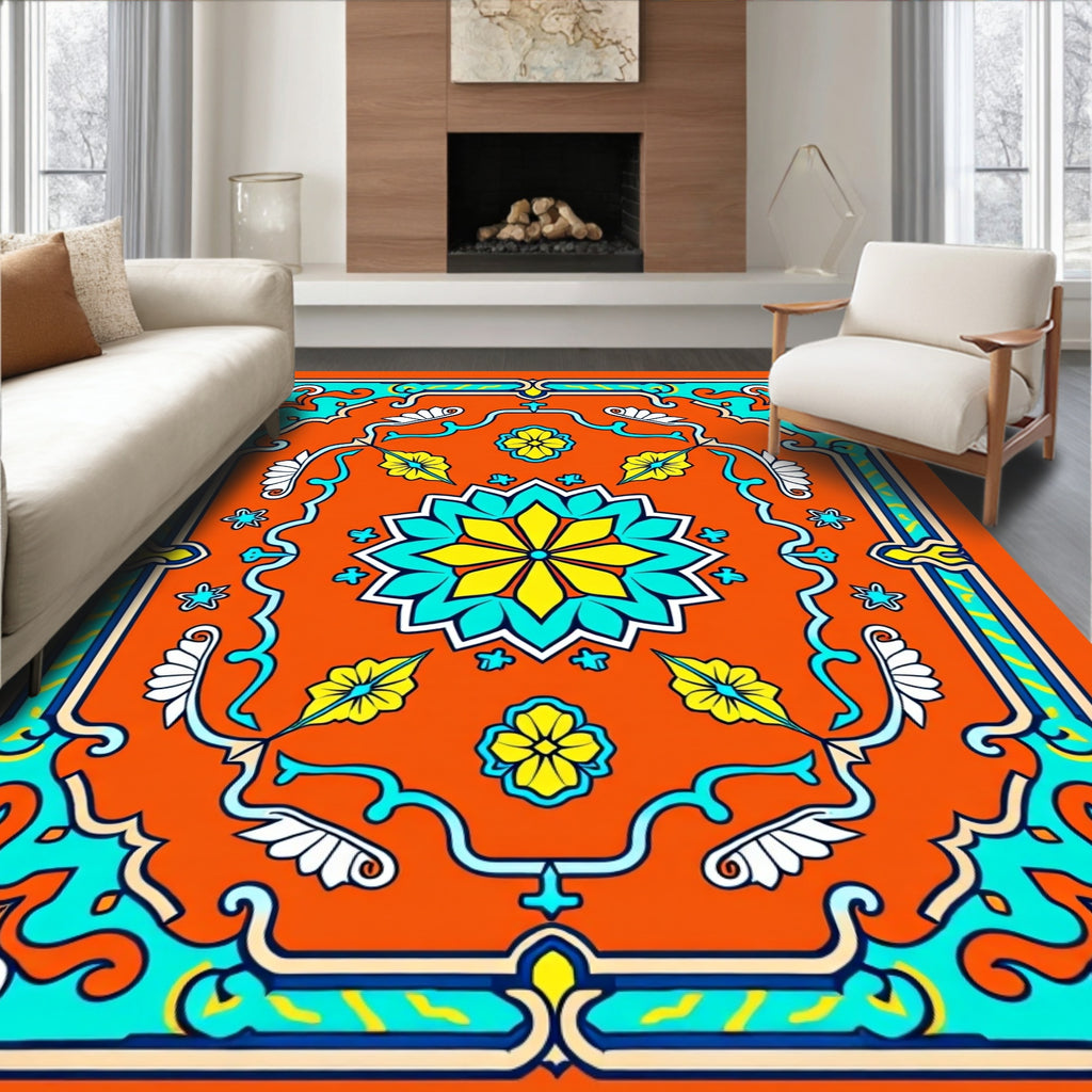 Radiant Orange Geometric Floral Art Rug