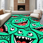Silly Teal Monster Faces Grinning Wide Rug