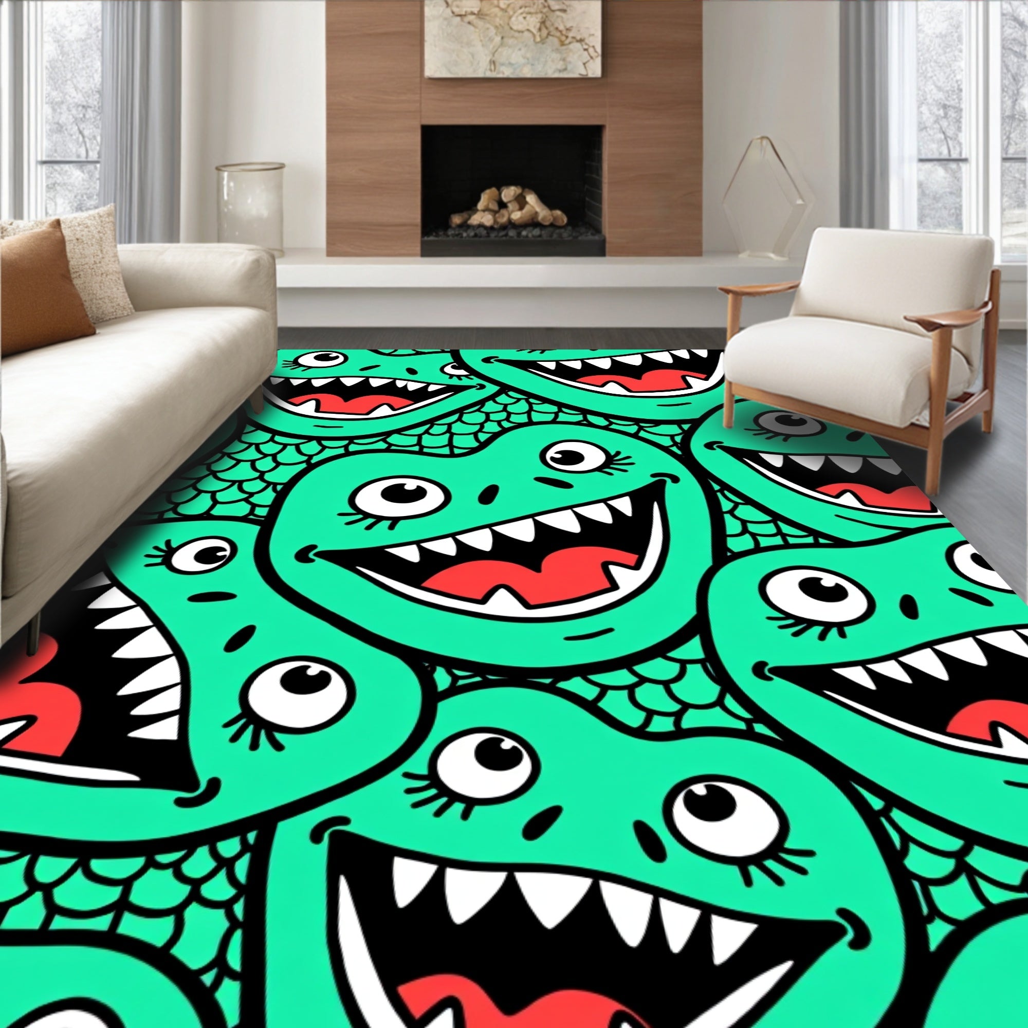 Silly Teal Monster Faces Grinning Wide Rug