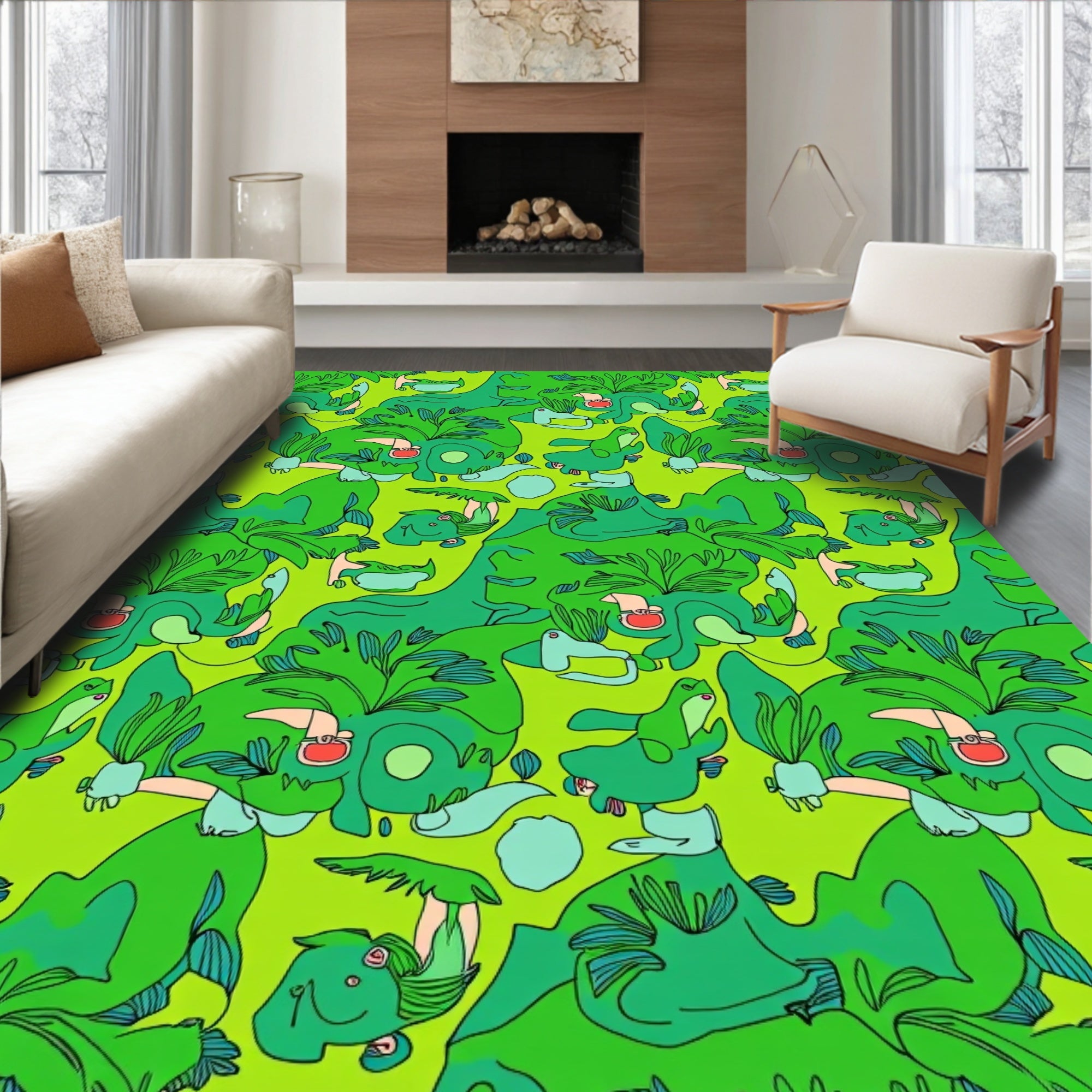 Playful Green Dinosaurs Lush Foliage Rug