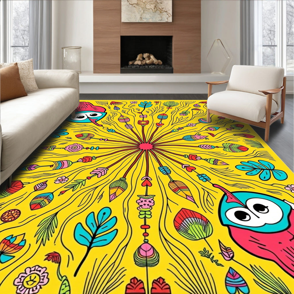 Whimsical Owl and Featherburst Meadow Rug