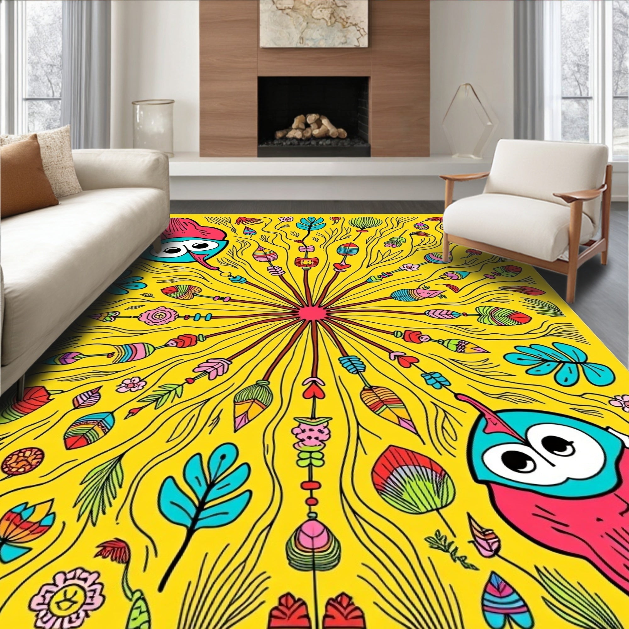 Whimsical Owl and Featherburst Meadow Rug