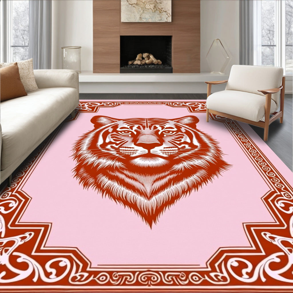 Crimson Tiger Portrait Ornate Frame Rug