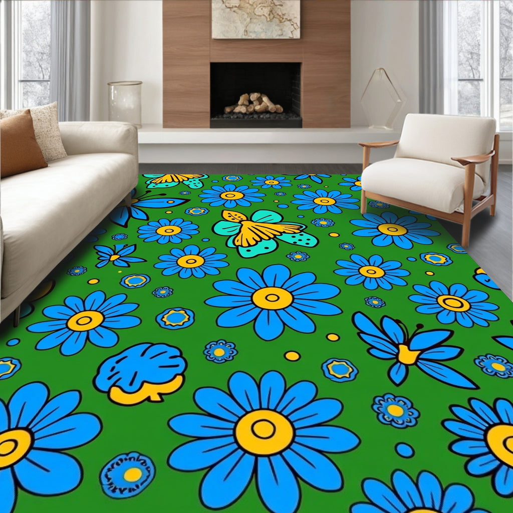 Blue Yellow Butterfly Floral Meadow Rug