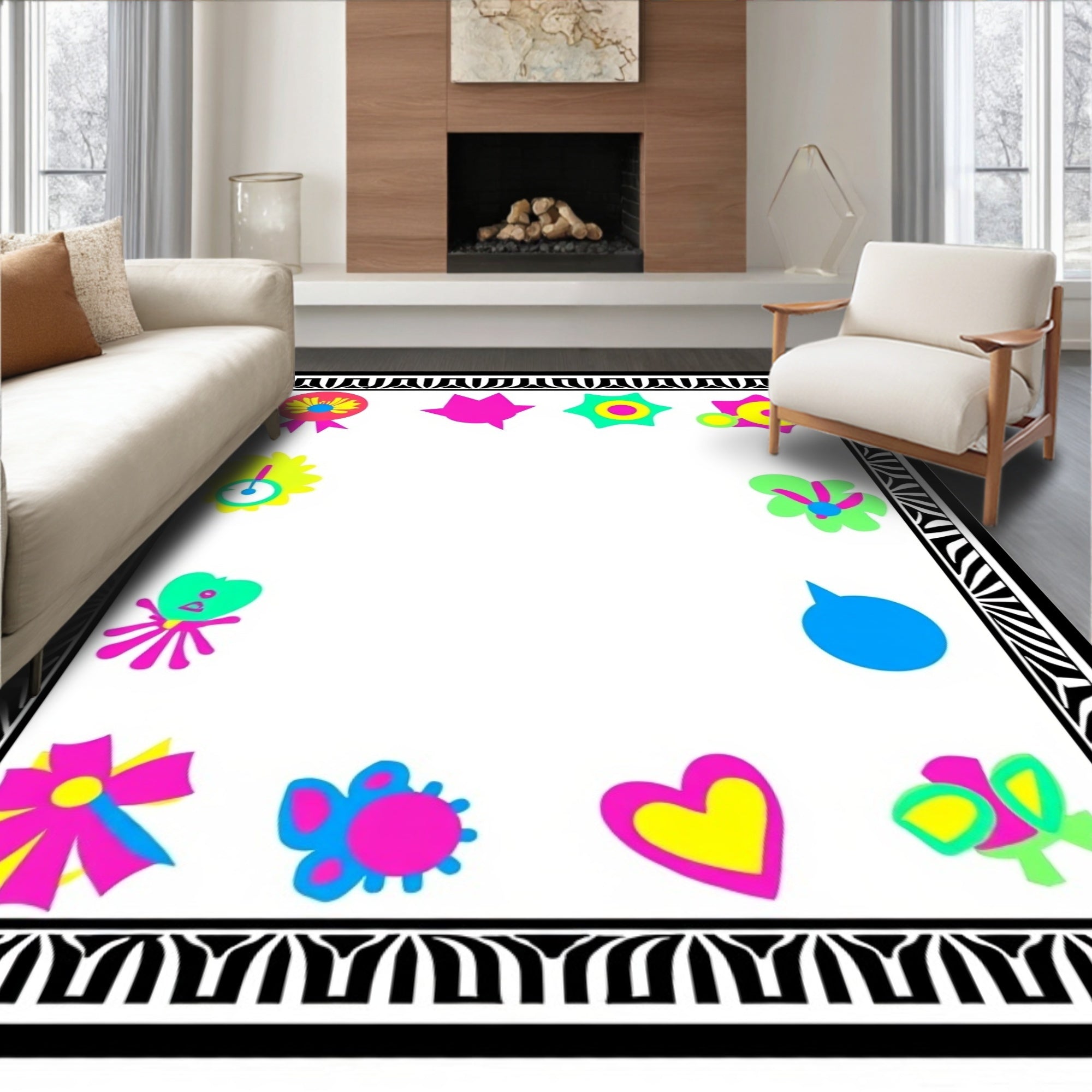 Bright Neon Retro Floral Heart Border Rug