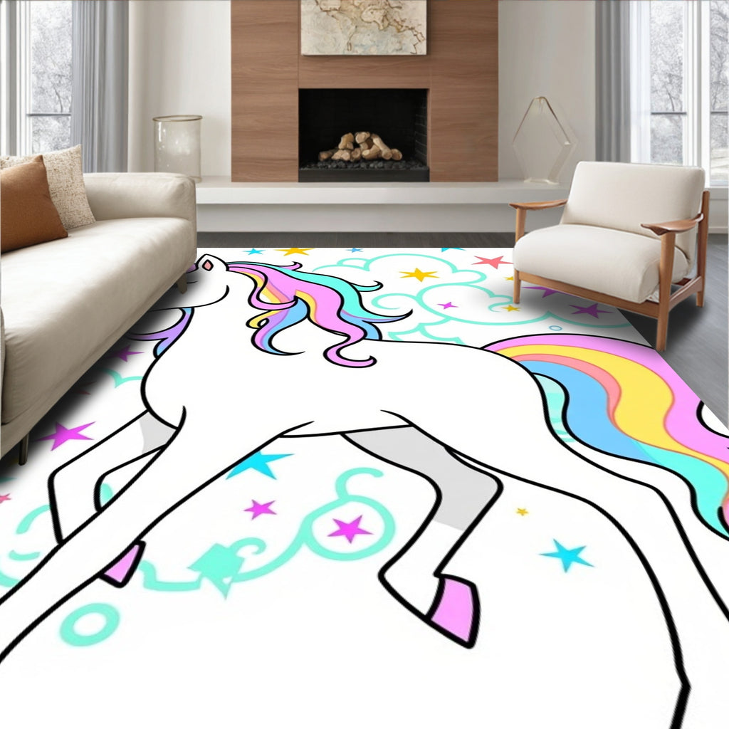 Whimsical Rainbow Unicorn Stars Swirls Rug
