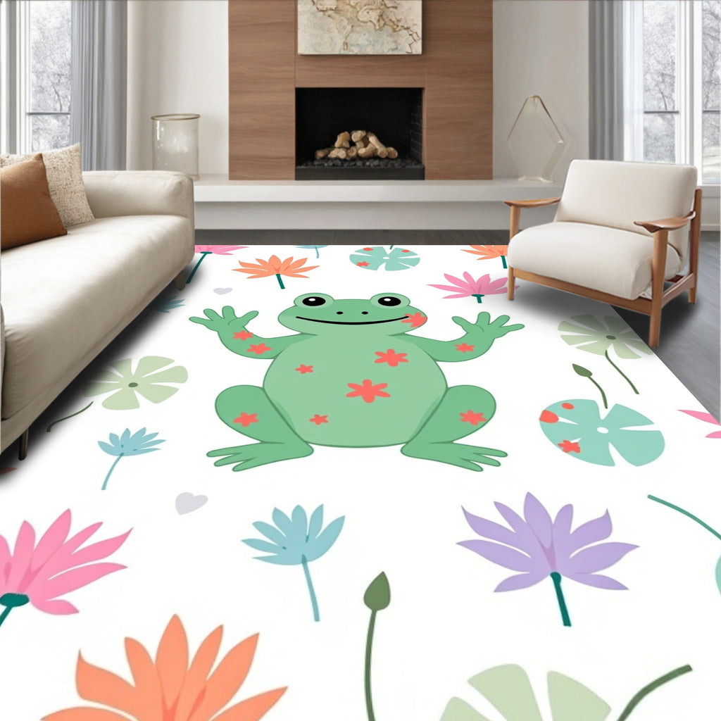 Whimsical Frog Flower Garden Rug