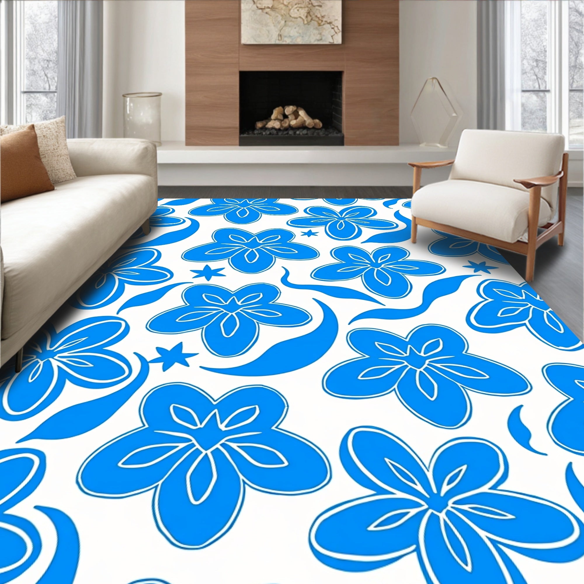 Bold Blue Tropical Floral Medley Rug