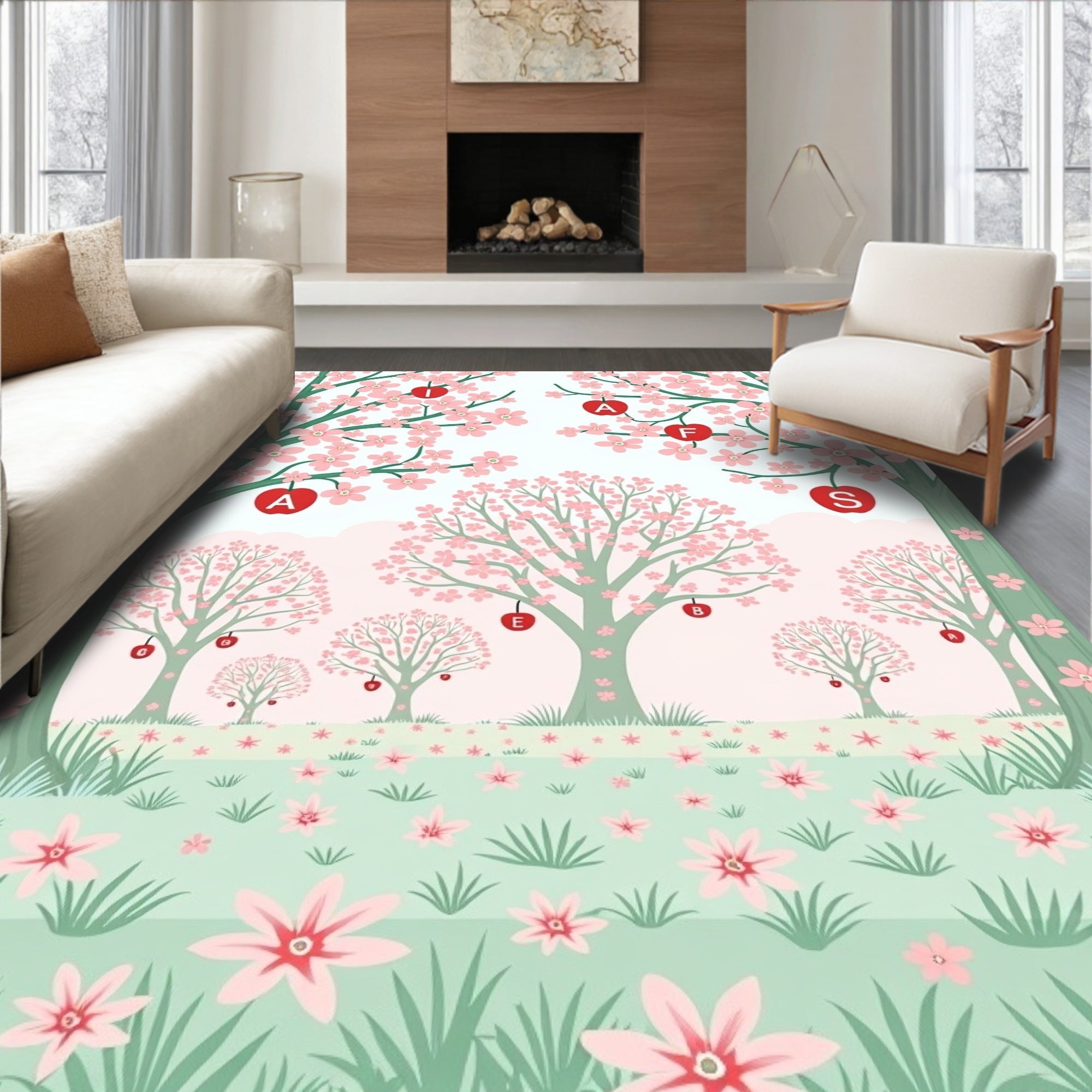 Orchard Trees Pink Blossom Ground Cover Rug