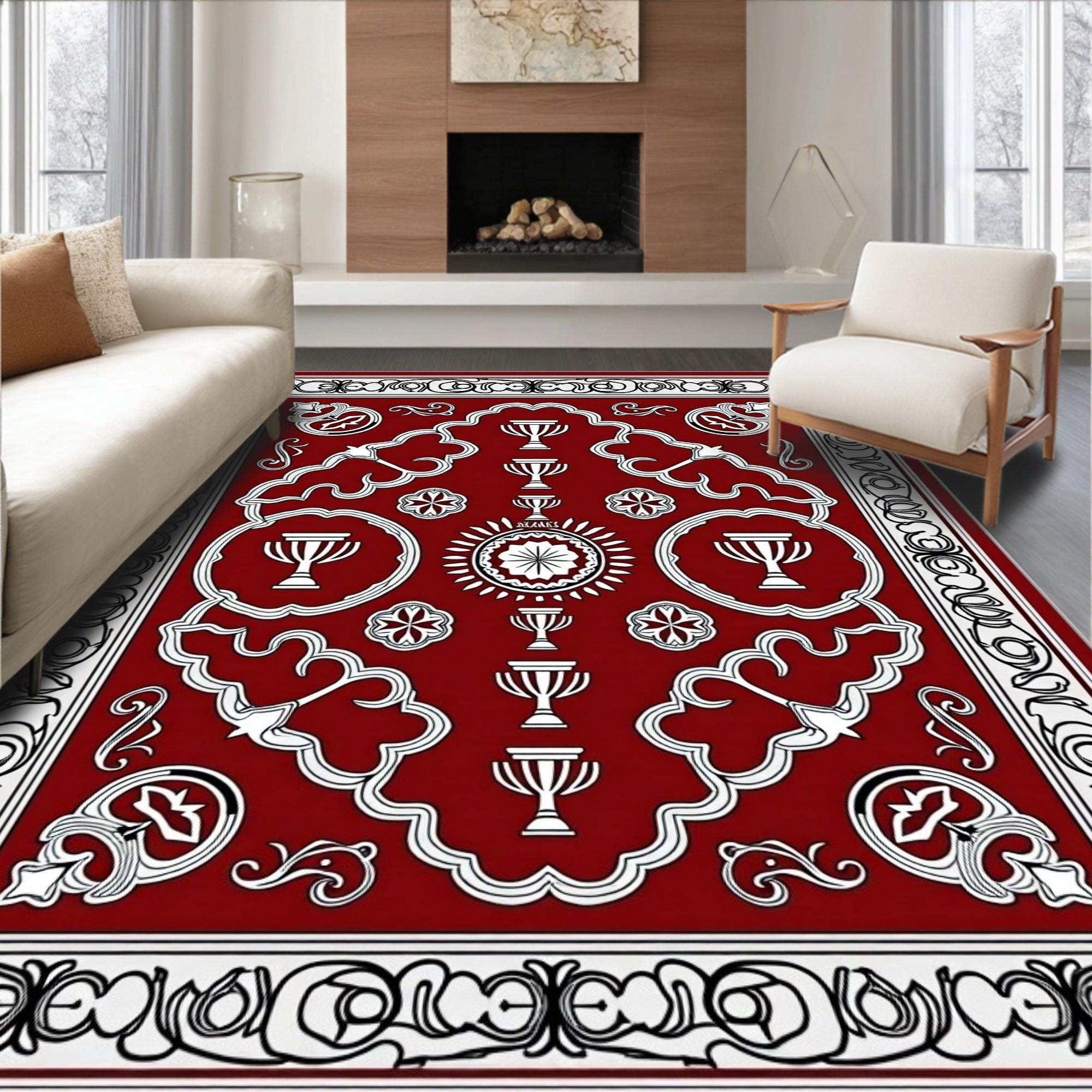Crimson White Trophy Floral Border Rug