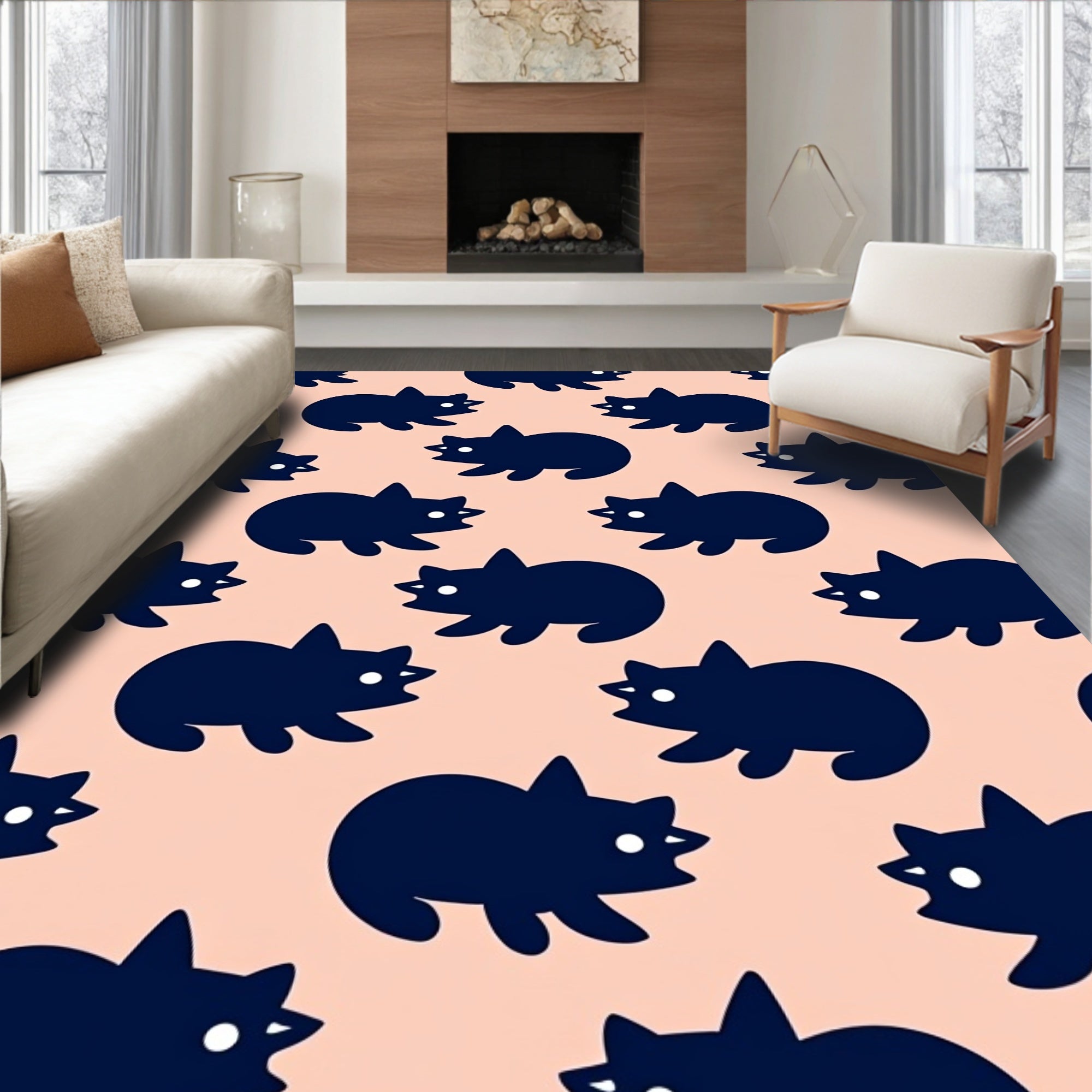 Navy Cat Repeat On Peach Background Rug