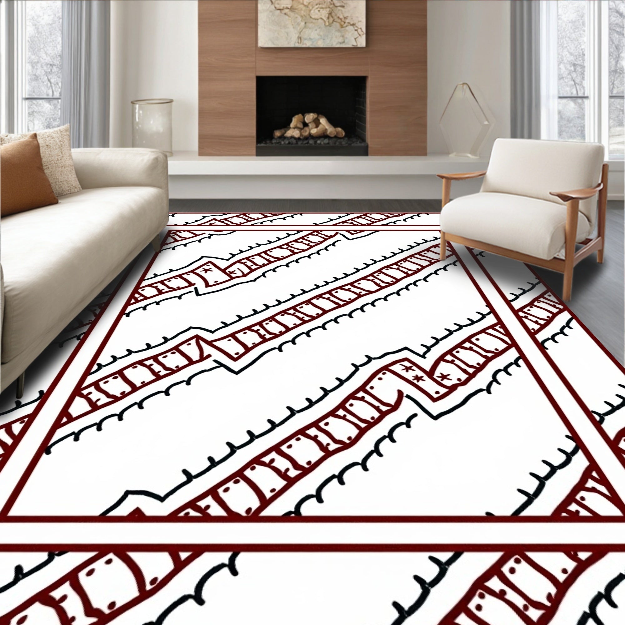 Crimson Zigzag Chain Border Rug