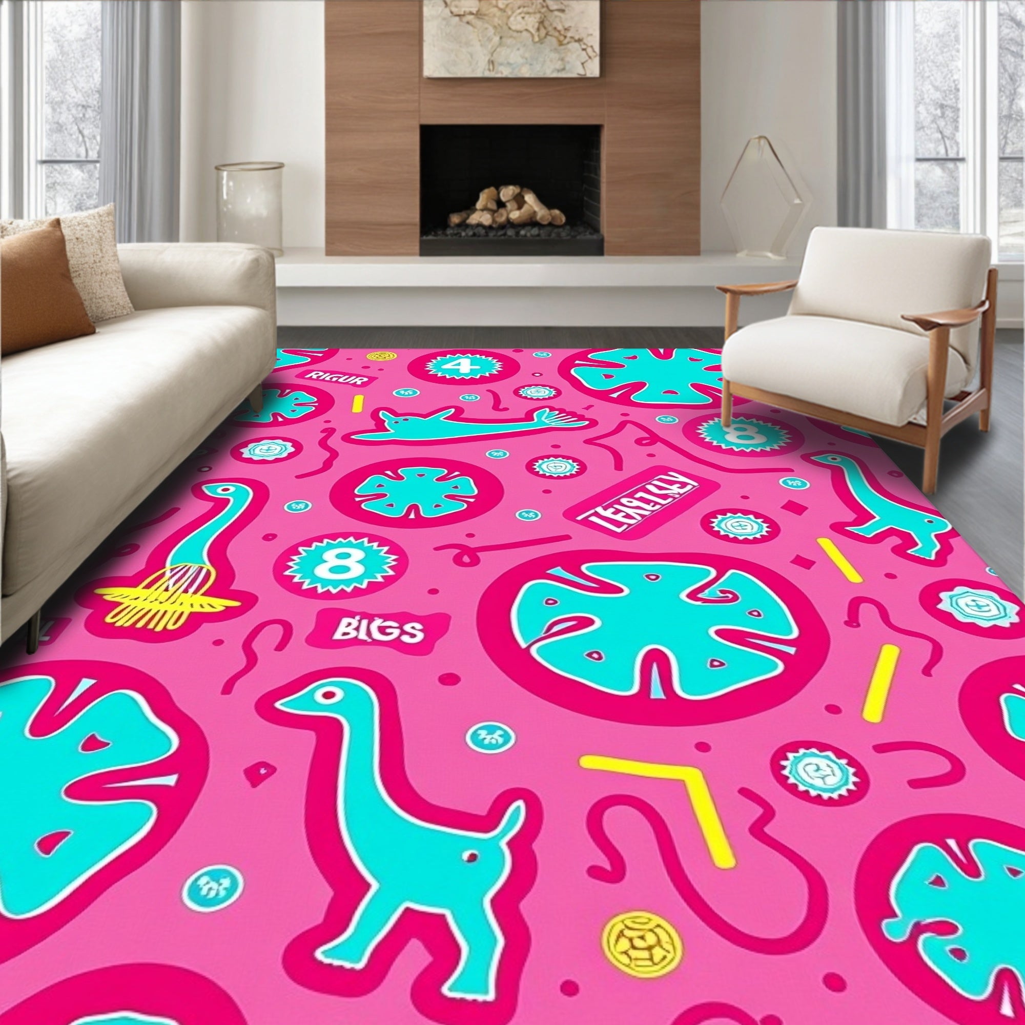 Whimsical Pink Turquoise Dinosaur Shapes Rug