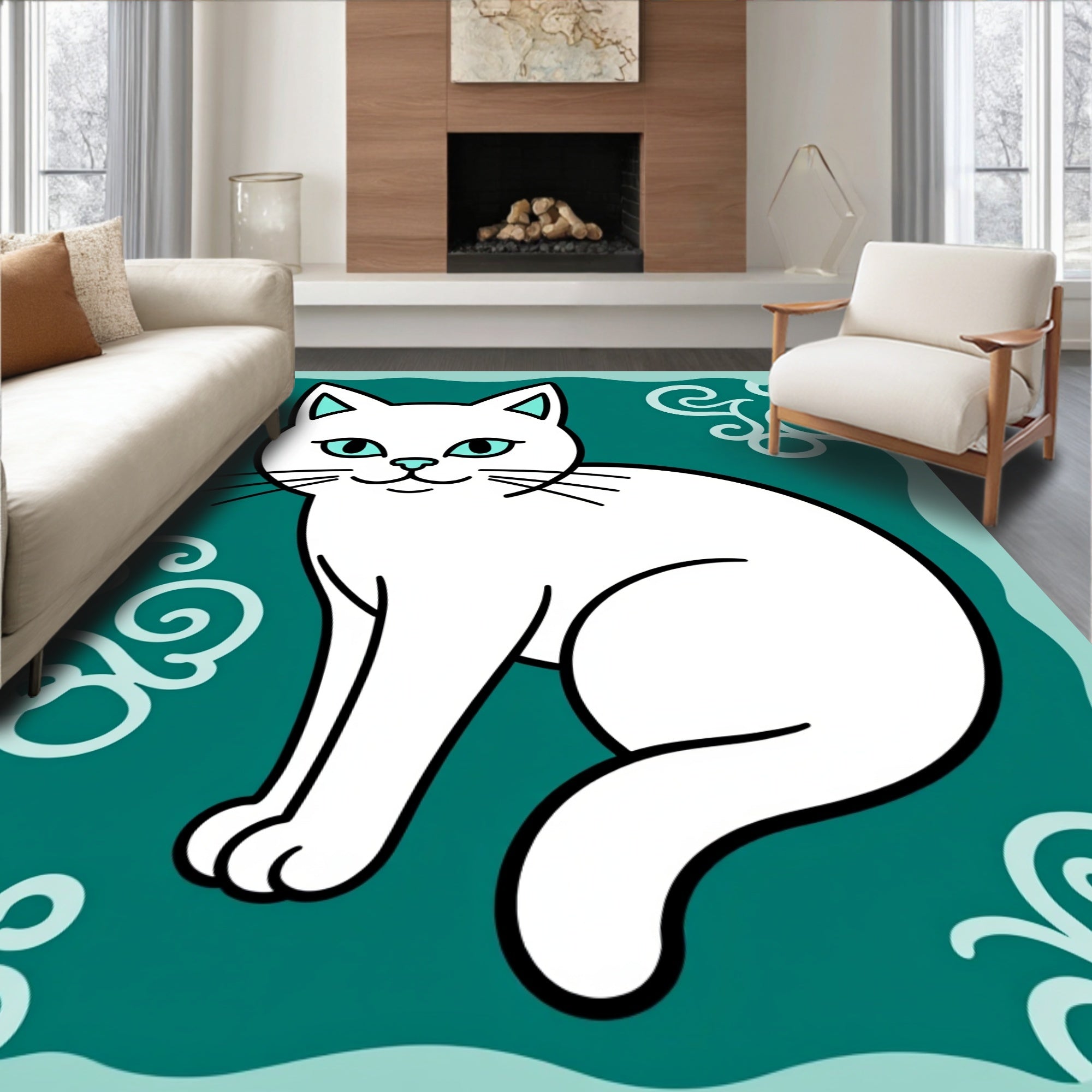 Whimsical White Cat Teal Swirls Rug